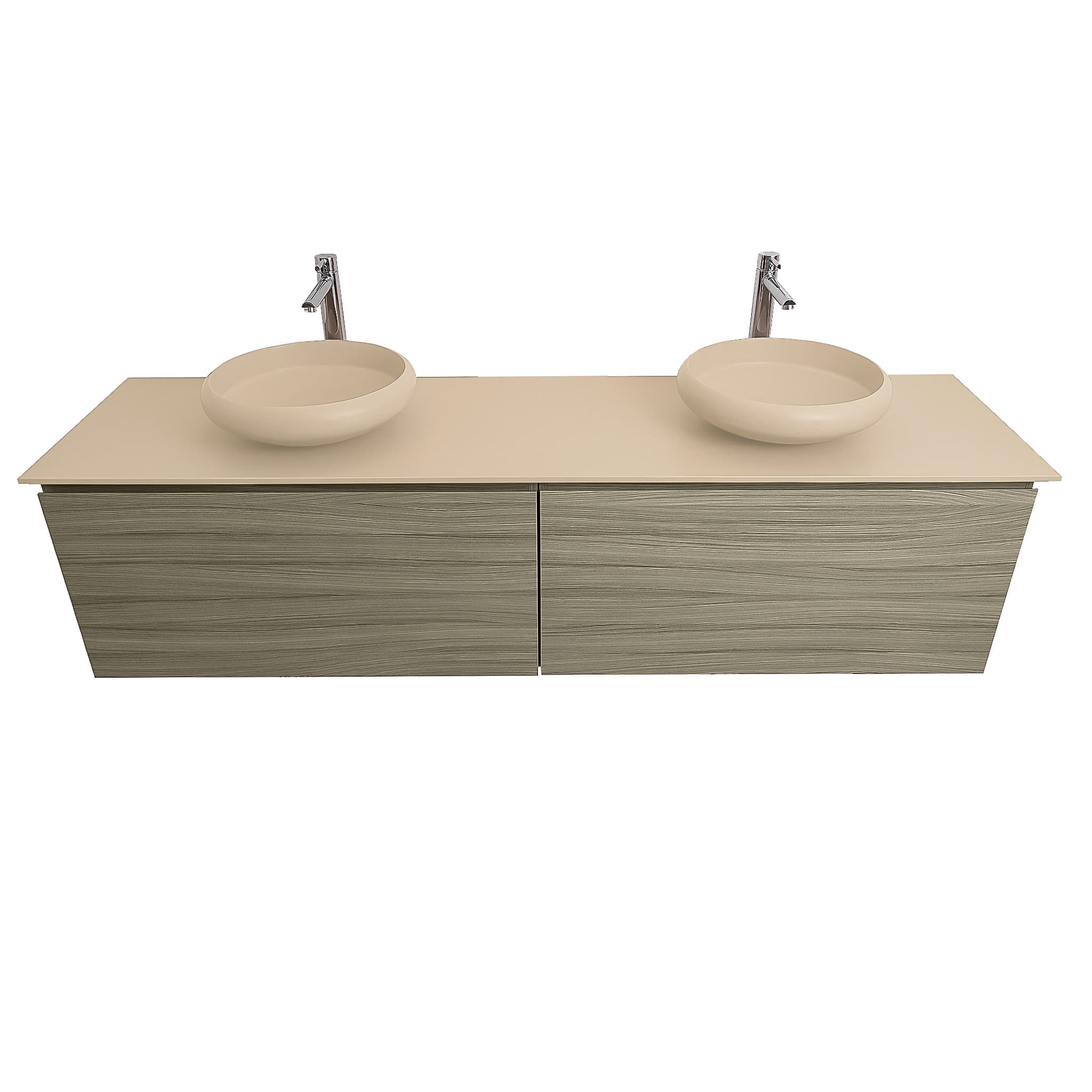 Venice 72 Nilo Grey Wood Texture Cabinet, Solid Surface Flat Taupe Counter And Two Round Solid Surface Taupe Basin 1153, Wall Mounted Modern Vanity Set