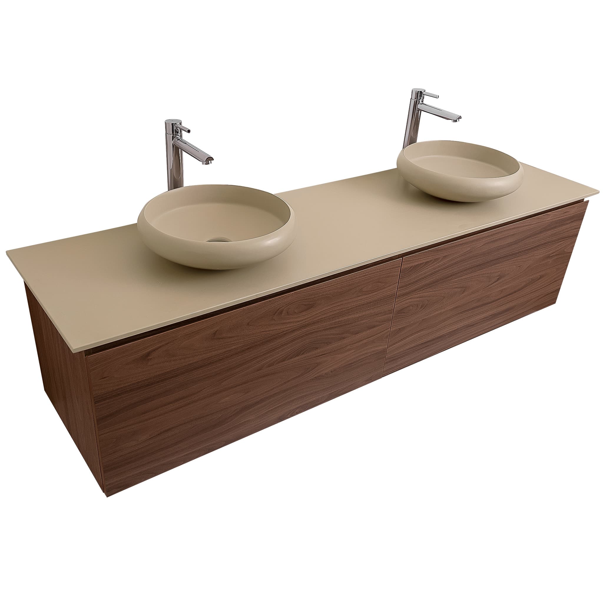 Venice 72 Walnut Wood Texture Cabinet, Solid Surface Flat Taupe Counter And Two Round Solid Surface Taupe Basin 1153, Wall Mounted Modern Vanity Set