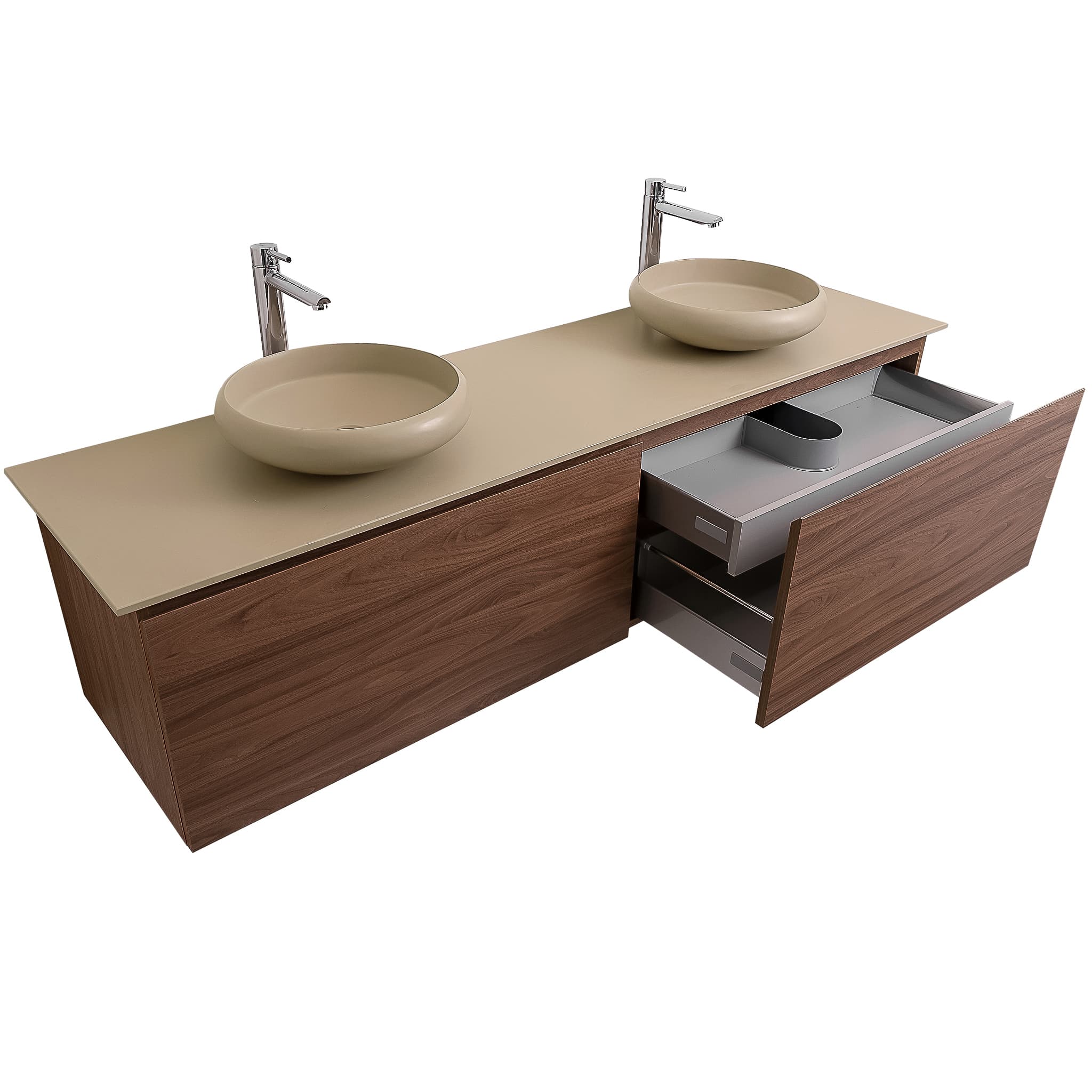 Venice 72 Walnut Wood Texture Cabinet, Solid Surface Flat Taupe Counter And Two Round Solid Surface Taupe Basin 1153, Wall Mounted Modern Vanity Set