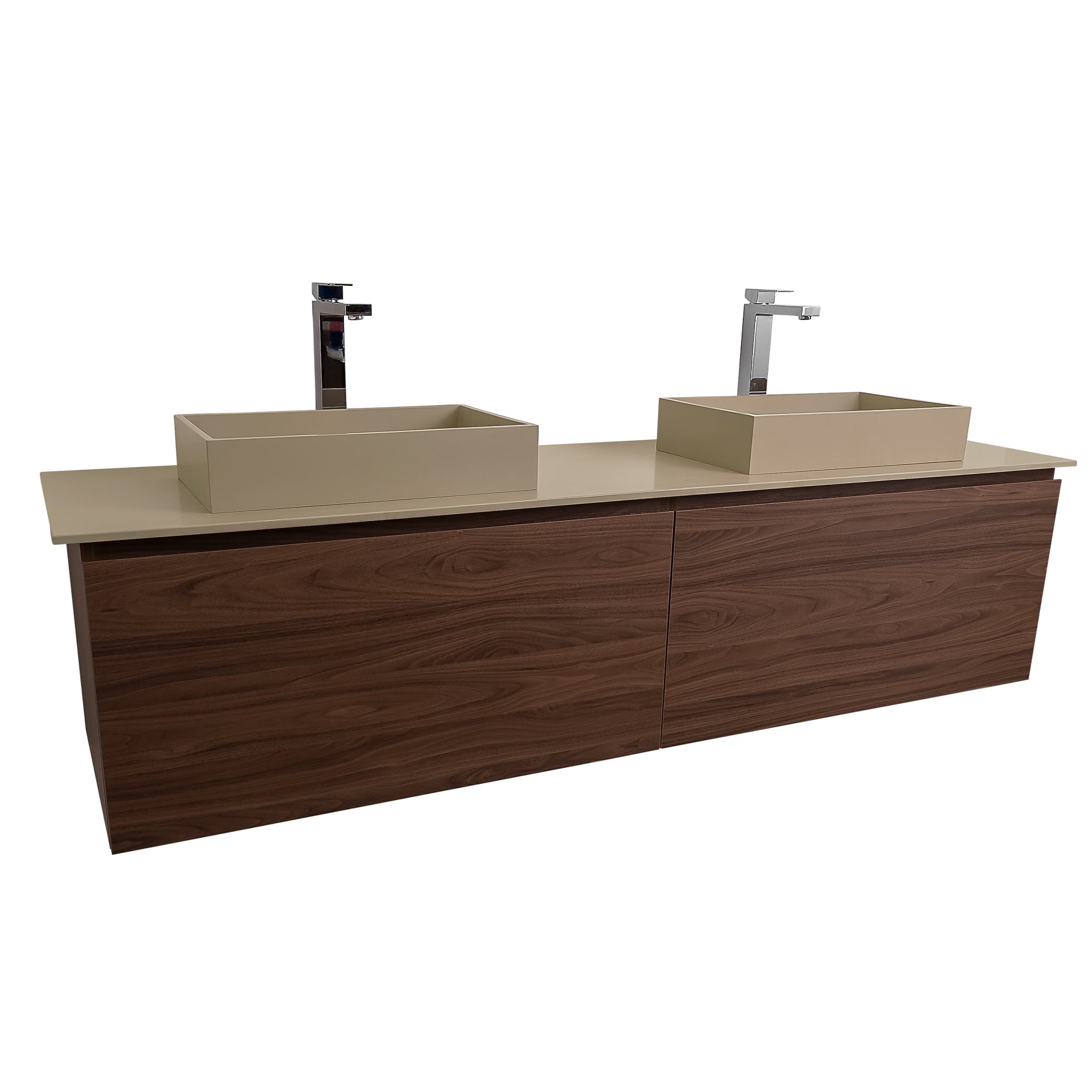 Venice 72 Walnut Wood Texture Cabinet, Solid Surface Flat Taupe Counter And Two Two Infinity Square Solid Surface Taupe Basin 1329, Wall Mounted Modern Vanity Set