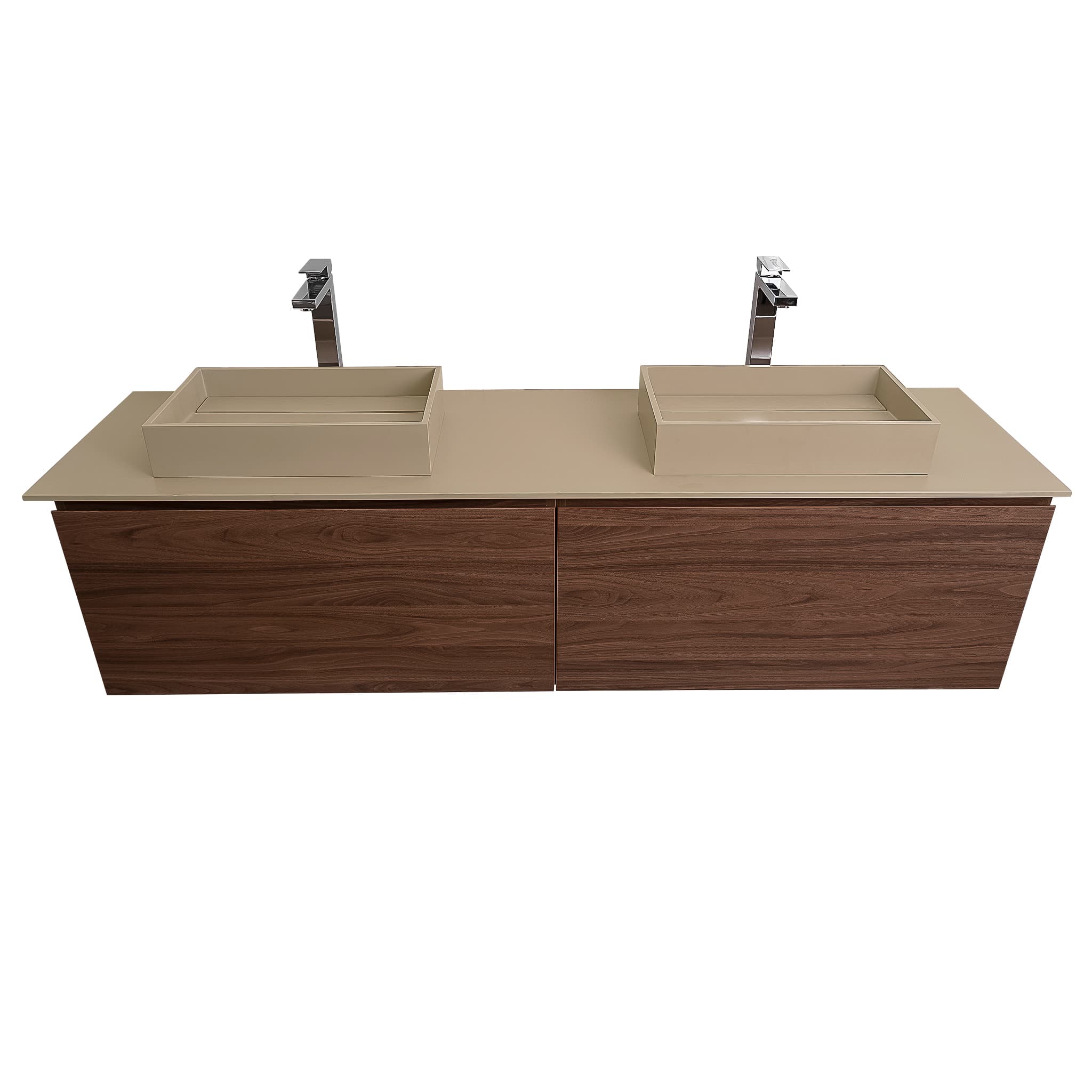 Venice 72 Walnut Wood Texture Cabinet, Solid Surface Flat Taupe Counter And Two Two Infinity Square Solid Surface Taupe Basin 1329, Wall Mounted Modern Vanity Set