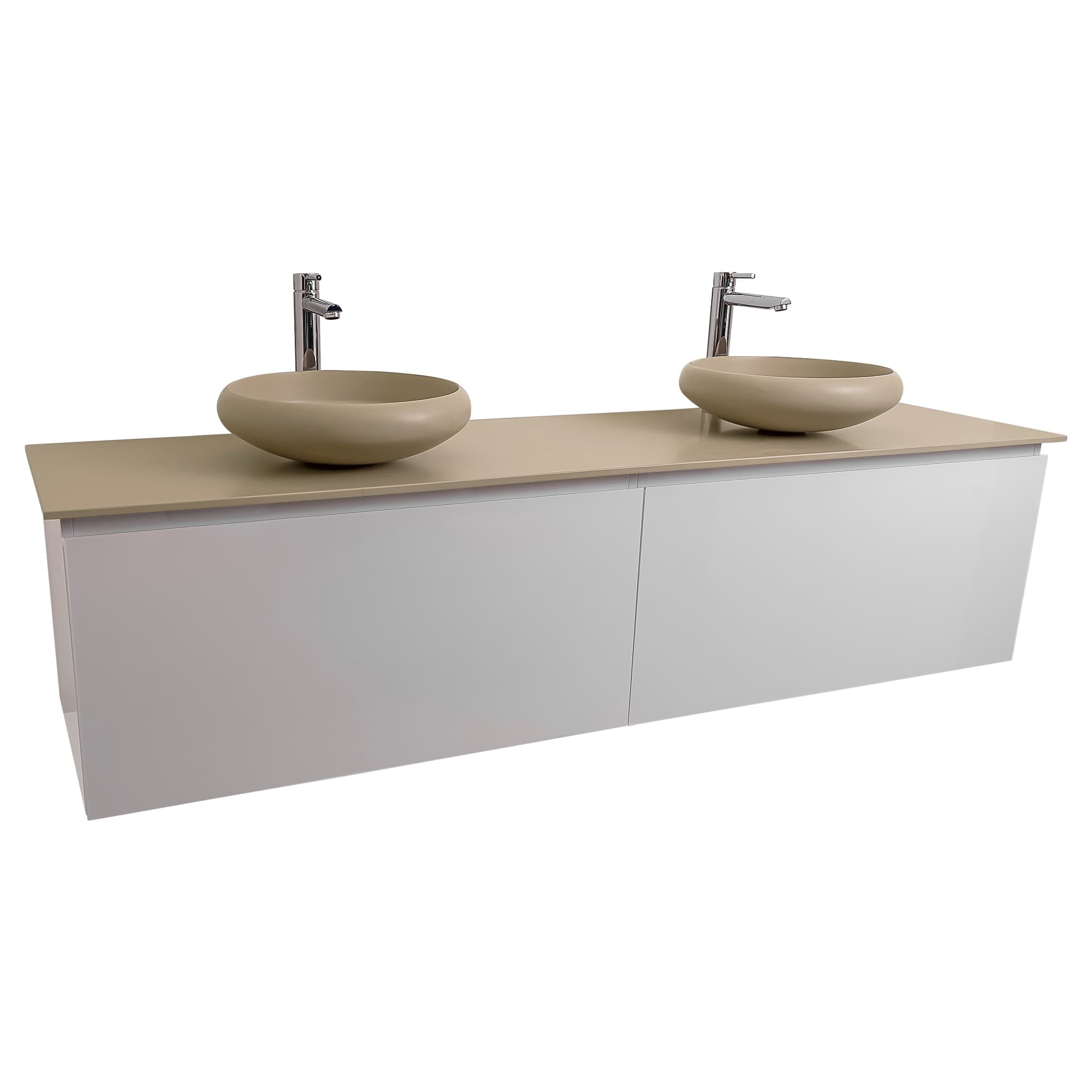 Venice 72 White High Gloss Cabinet, Solid Surface Flat Taupe Counter And Two Round Solid Surface Taupe Basin 1153, Wall Mounted Modern Vanity Set