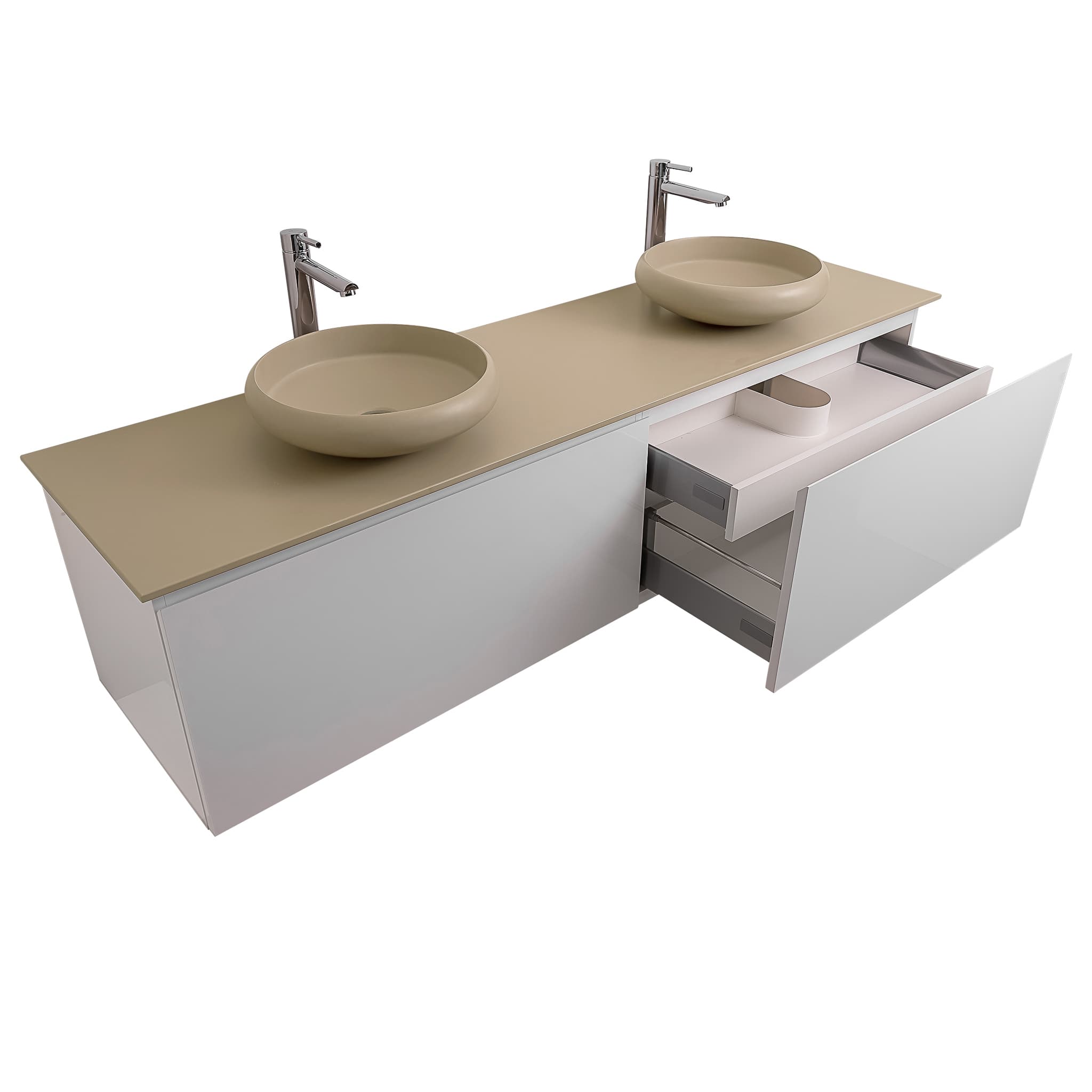 Venice 72 White High Gloss Cabinet, Solid Surface Flat Taupe Counter And Two Round Solid Surface Taupe Basin 1153, Wall Mounted Modern Vanity Set