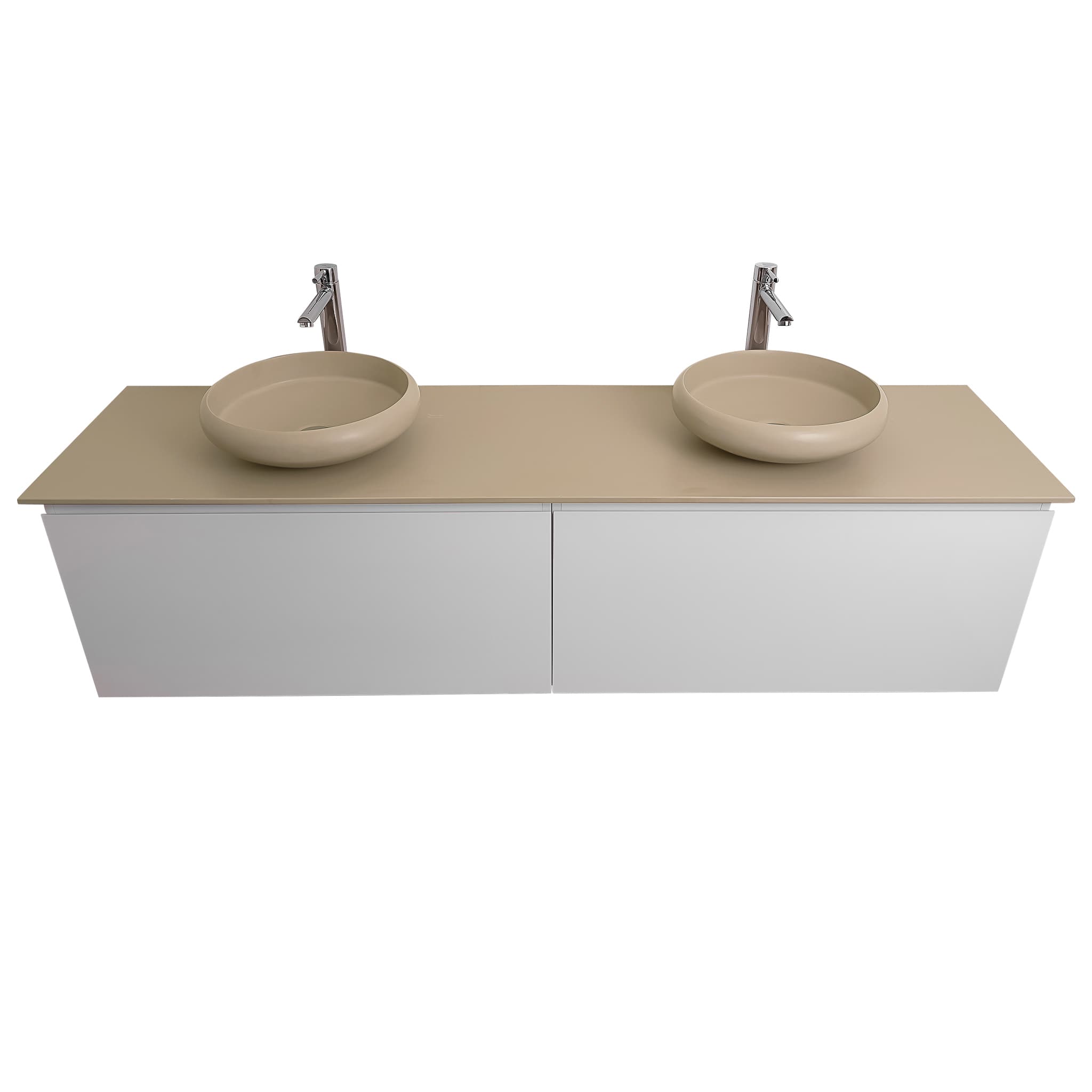 Venice 72 White High Gloss Cabinet, Solid Surface Flat Taupe Counter And Two Round Solid Surface Taupe Basin 1153, Wall Mounted Modern Vanity Set