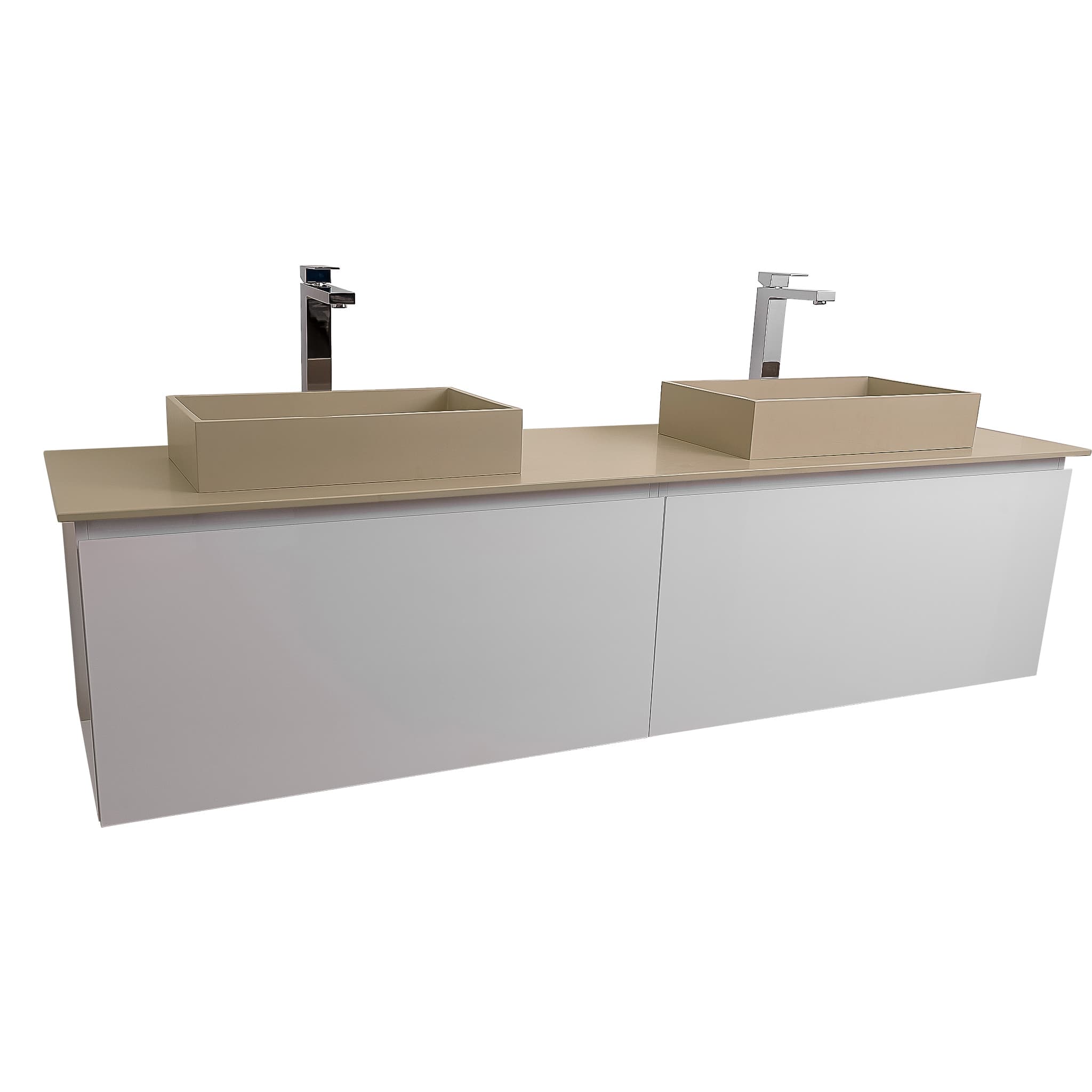 Venice 72 White High Gloss Cabinet, Solid Surface Flat Taupe Counter And Two Two  Infinity Square Solid Surface Taupe Basin 1329, Wall Mounted Modern Vanity Set