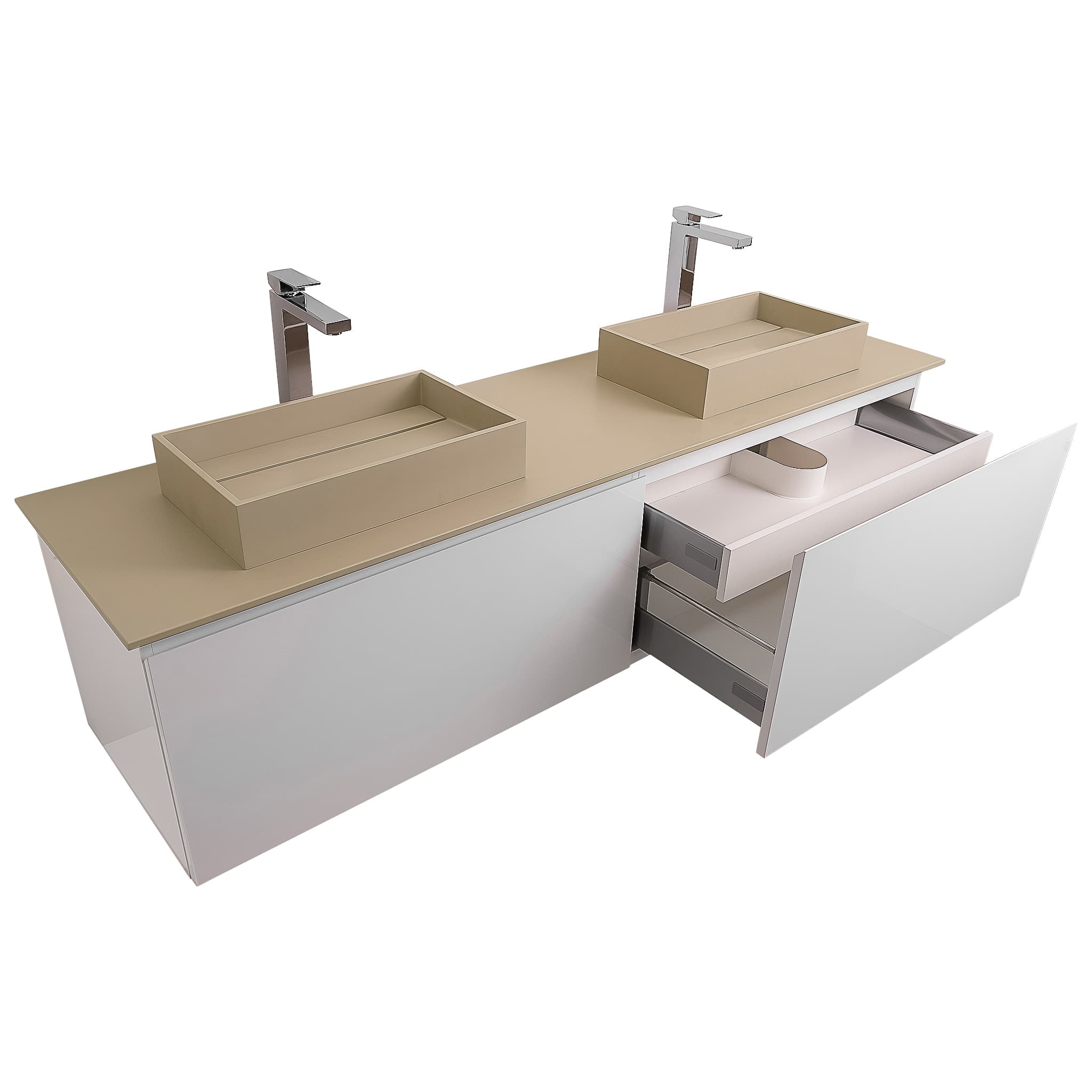 Venice 72 White High Gloss Cabinet, Solid Surface Flat Taupe Counter And Two Two  Infinity Square Solid Surface Taupe Basin 1329, Wall Mounted Modern Vanity Set