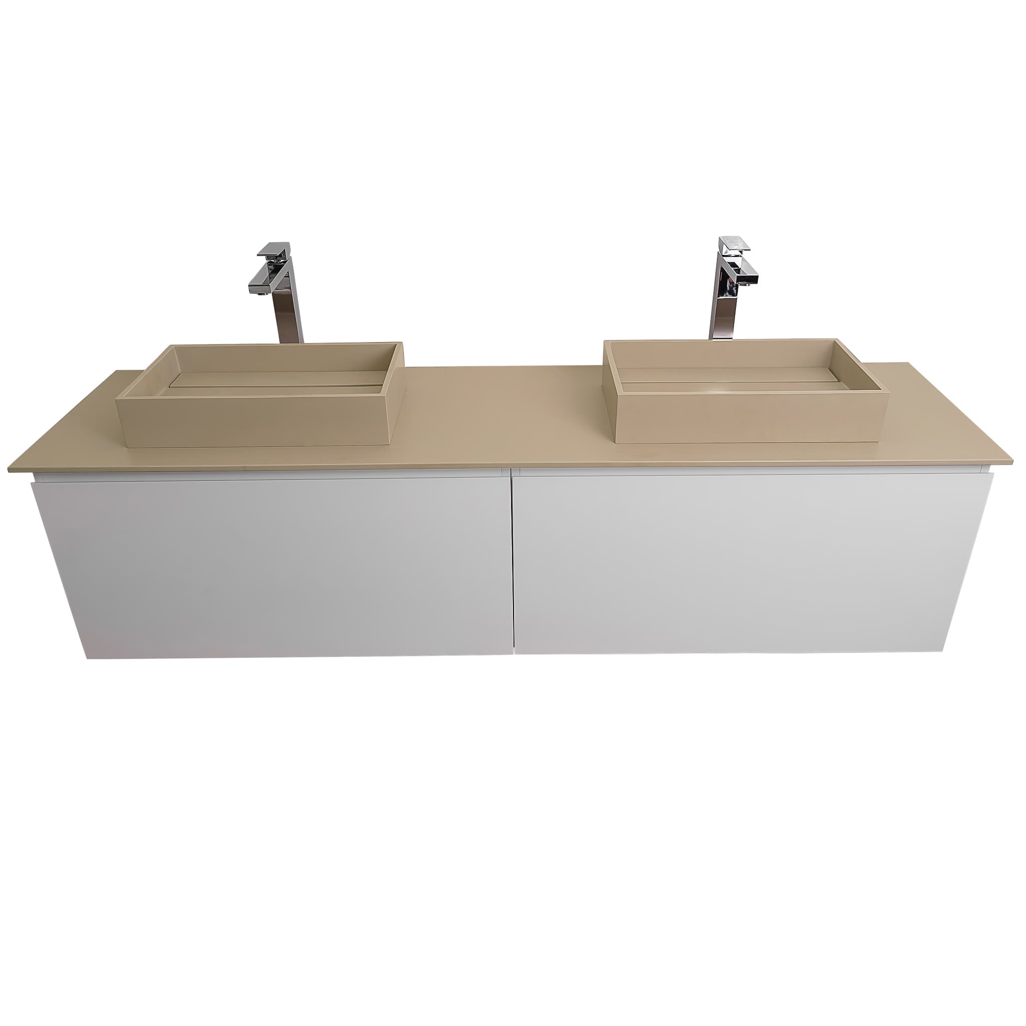 Venice 72 White High Gloss Cabinet, Solid Surface Flat Taupe Counter And Two Two  Infinity Square Solid Surface Taupe Basin 1329, Wall Mounted Modern Vanity Set