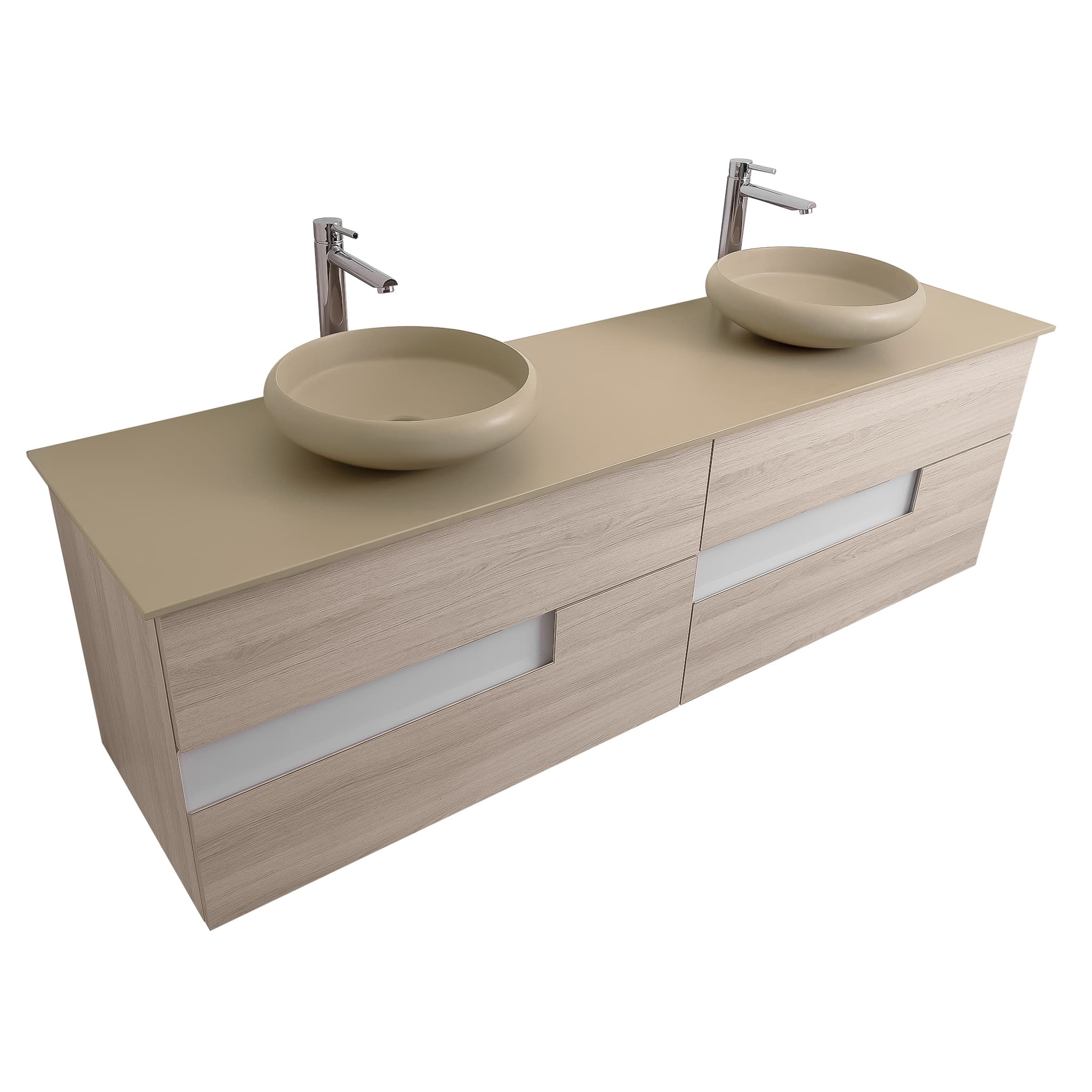 Vision 72 Natural Light Wood Cabinet, Solid Surface Flat Taupe Counter And Two Round Solid Surface Taupe Basin 1153, Wall Mounted Modern Vanity Set