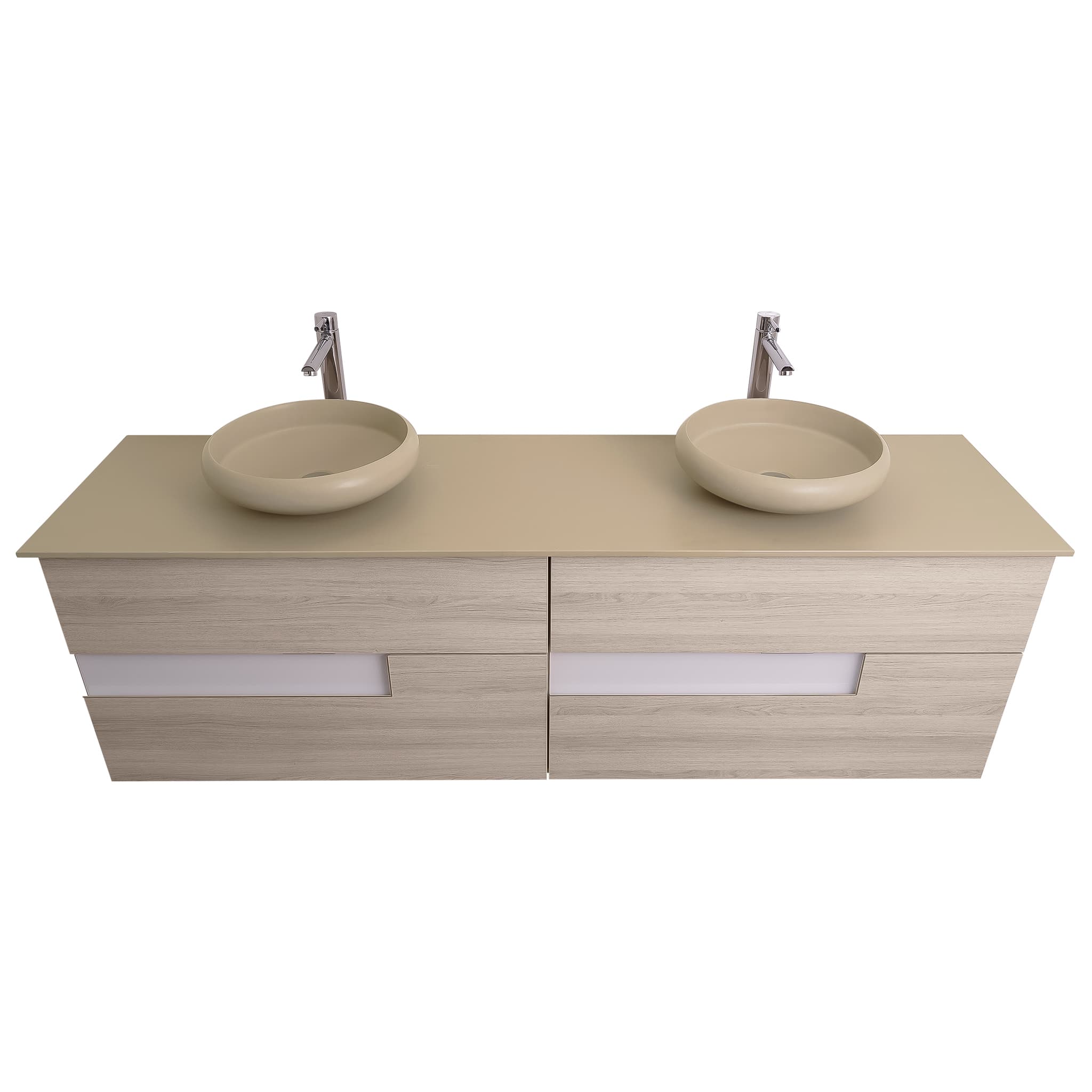 Vision 72 Natural Light Wood Cabinet, Solid Surface Flat Taupe Counter And Two Round Solid Surface Taupe Basin 1153, Wall Mounted Modern Vanity Set