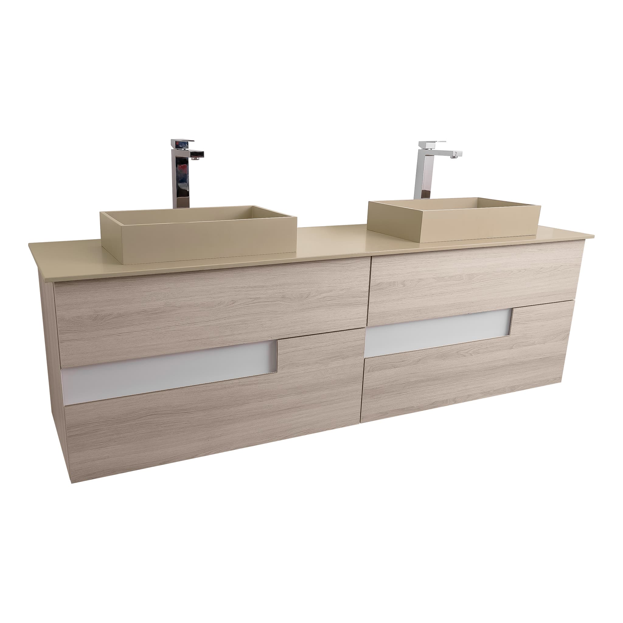 Vision 72 Natural Light Wood Cabinet, Solid Surface Flat Taupe Counter And Two Infinity Square Solid Surface Taupe Basin 1329, Wall Mounted Modern Vanity Set