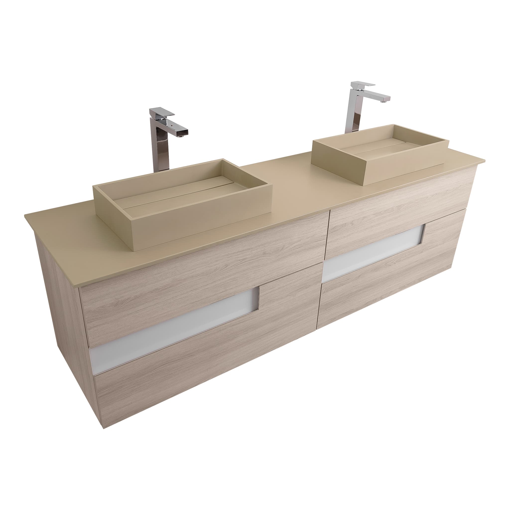 Vision 72 Natural Light Wood Cabinet, Solid Surface Flat Taupe Counter And Two Infinity Square Solid Surface Taupe Basin 1329, Wall Mounted Modern Vanity Set