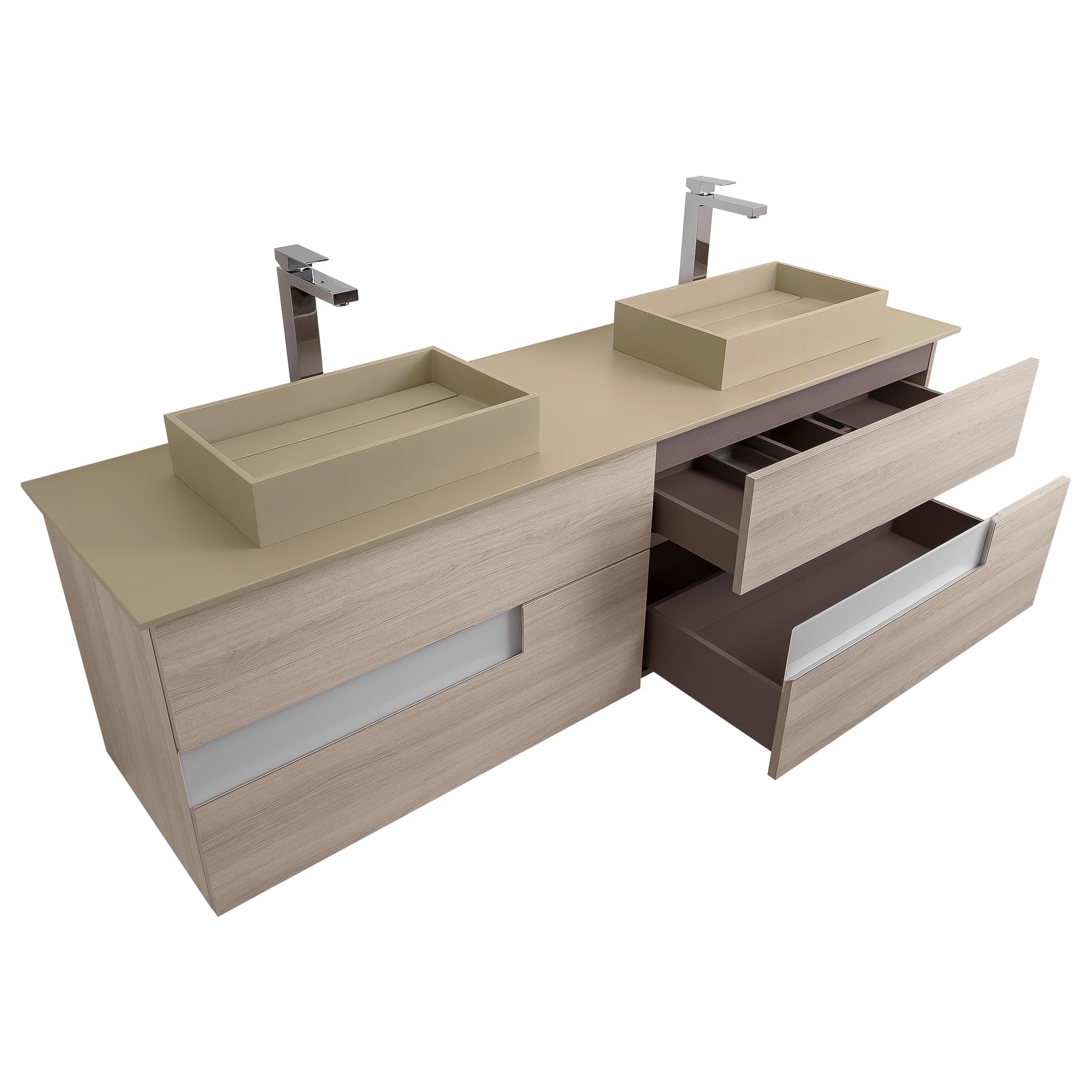 Vision 72 Natural Light Wood Cabinet, Solid Surface Flat Taupe Counter And Two Infinity Square Solid Surface Taupe Basin 1329, Wall Mounted Modern Vanity Set