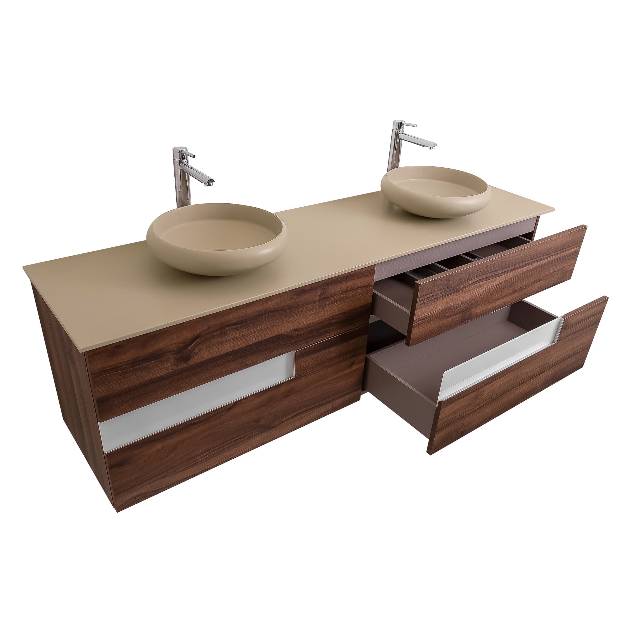 Vision 72 Valenti Medium Brown Wood Cabinet, Solid Surface Flat Taupe Counter And Two Round Solid Surface Taupe Basin 1153, Wall Mounted Modern Vanity Set