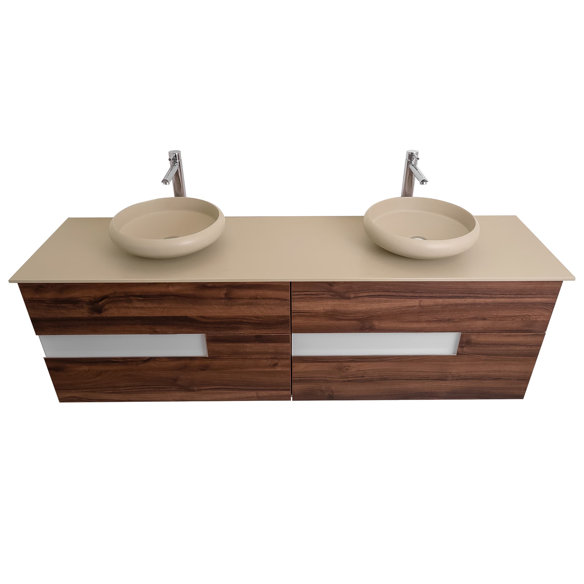 Vision 72 Valenti Medium Brown Wood Cabinet, Solid Surface Flat Taupe Counter And Two Round Solid Surface Taupe Basin 1153, Wall Mounted Modern Vanity Set