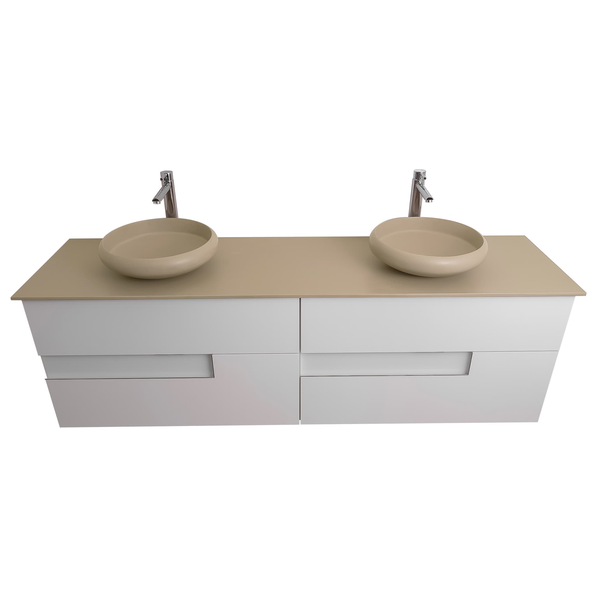 Vision 72 White High Gloss Cabinet, Solid Surface Flat Taupe Counter And Two Round Solid Surface Taupe Basin 1153, Wall Mounted Modern Vanity Set