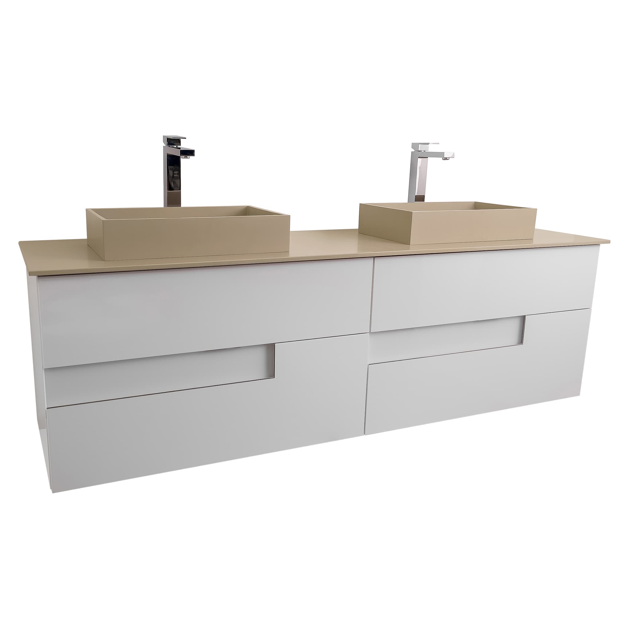 Vision 72 White High Gloss Cabinet, Solid Surface Flat Taupe Counter And Two Infinity Square Solid Surface Taupe Basin 1329, Wall Mounted Modern Vanity Set