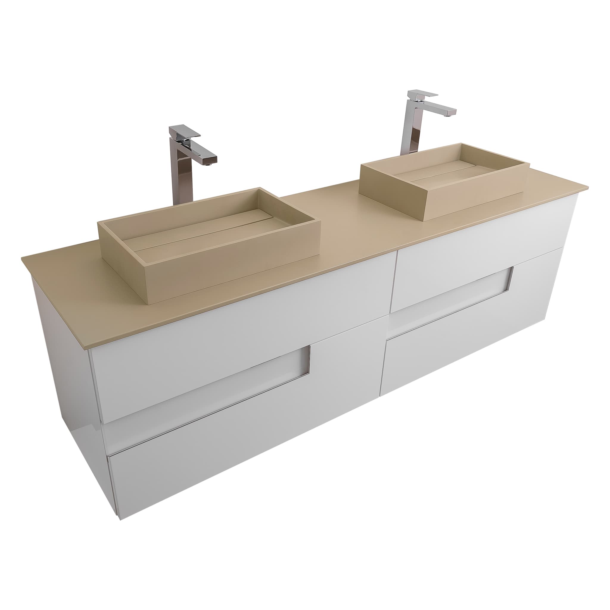 Vision 72 White High Gloss Cabinet, Solid Surface Flat Taupe Counter And Two Infinity Square Solid Surface Taupe Basin 1329, Wall Mounted Modern Vanity Set