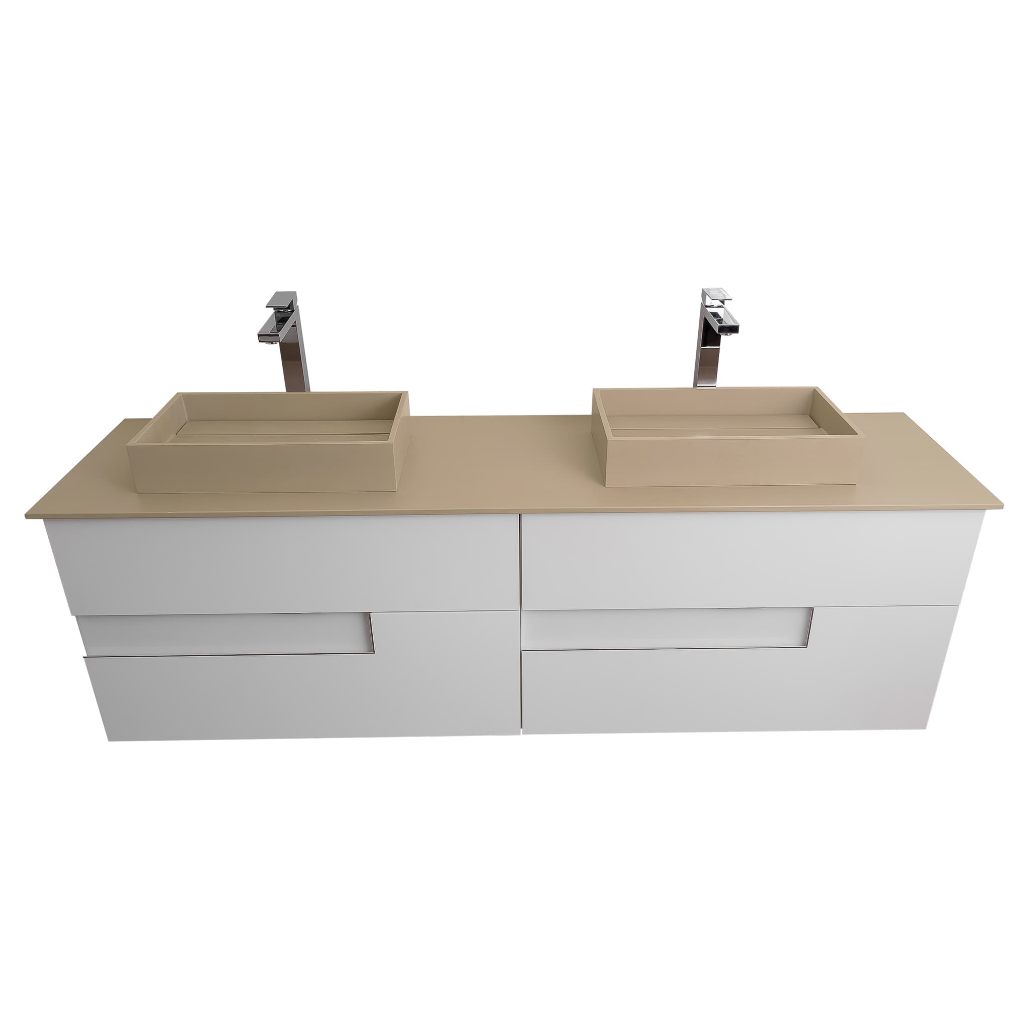 Vision 72 White High Gloss Cabinet, Solid Surface Flat Taupe Counter And Two Infinity Square Solid Surface Taupe Basin 1329, Wall Mounted Modern Vanity Set