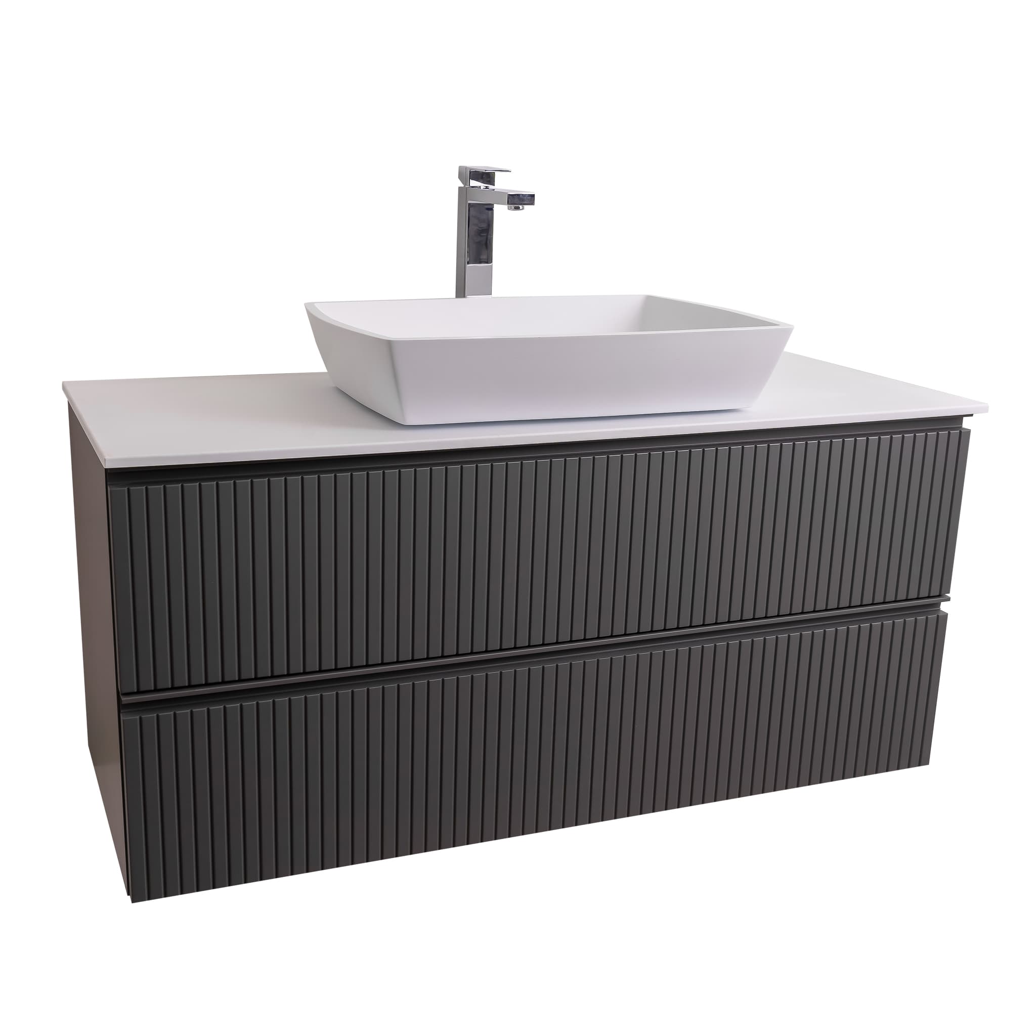 Ares 31.5 Matte Grey Cabinet, Solid Surface Flat White Counter And Square Solid Surface White Basin 1316, Wall Mounted Modern Vanity Set