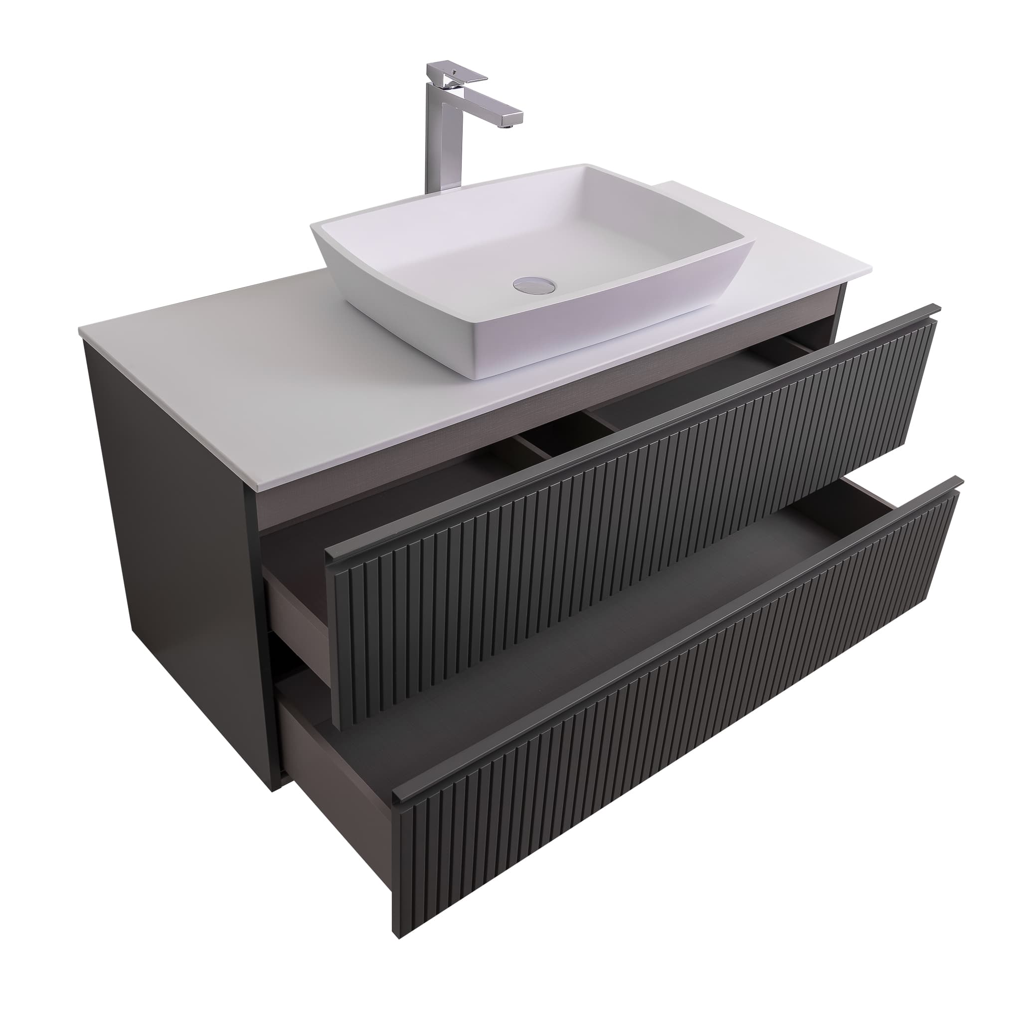 Ares 31.5 Matte Grey Cabinet, Solid Surface Flat White Counter And Square Solid Surface White Basin 1316, Wall Mounted Modern Vanity Set