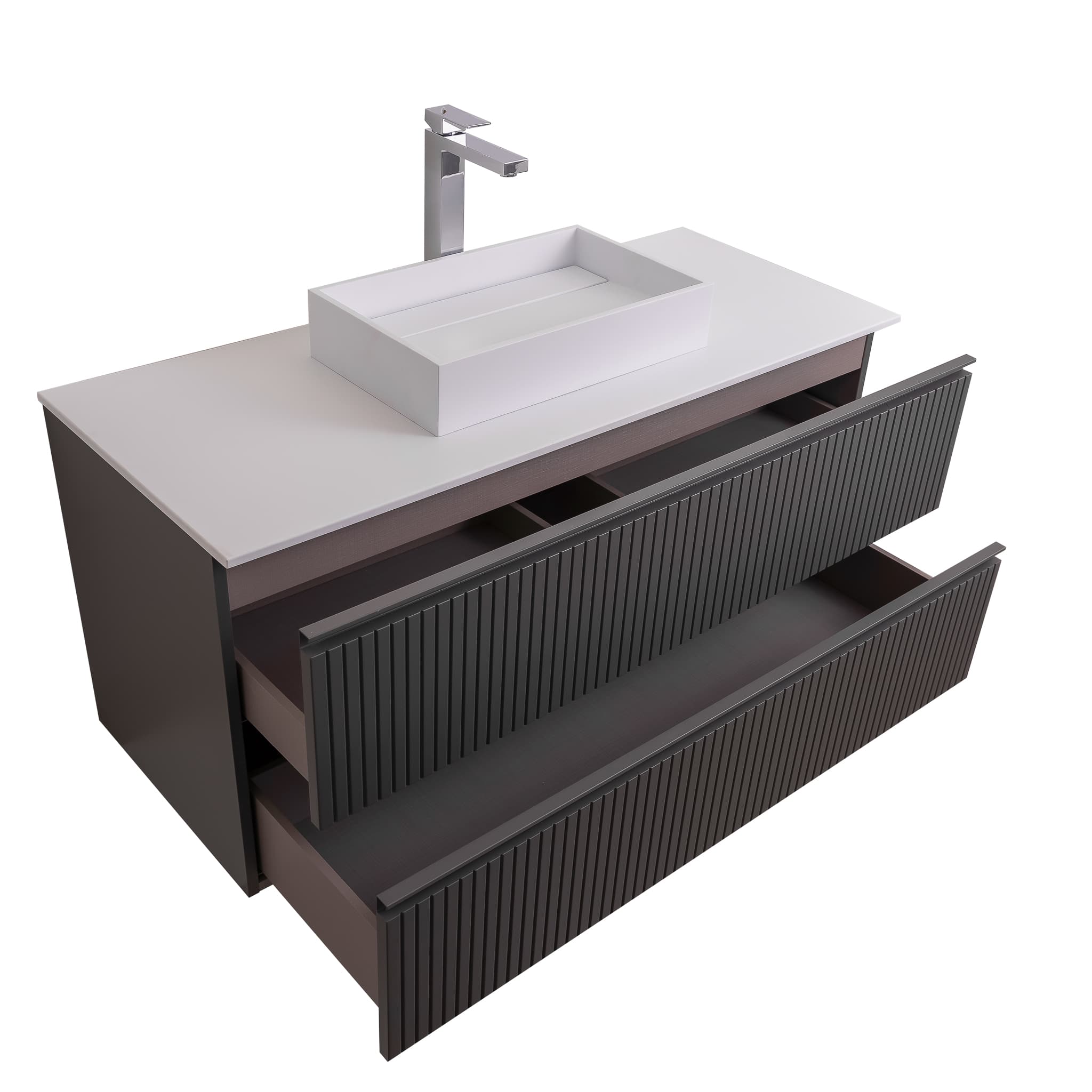 Ares 31.5 Matte Grey Cabinet, Solid Surface Flat White Counter And Infinity Square Solid Surface White Basin 1329, Wall Mounted Modern Vanity Set