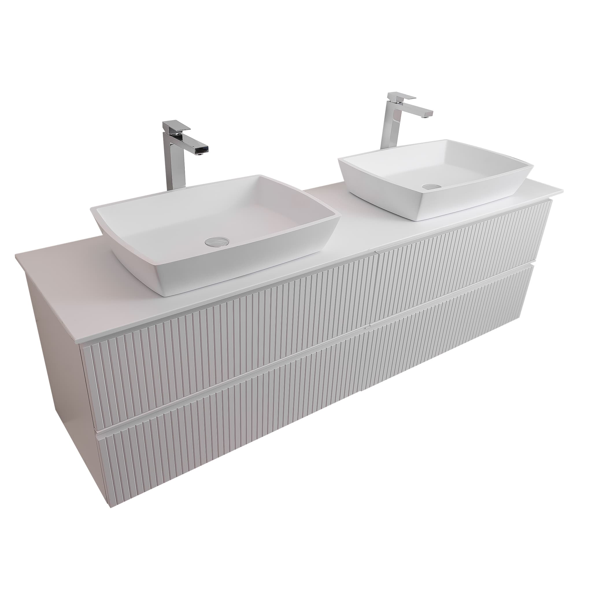 Ares 72 Matte White Cabinet, Solid Surface Flat White Counter And Two Square Solid Surface White Basin 1316, Wall Mounted Modern Vanity Set