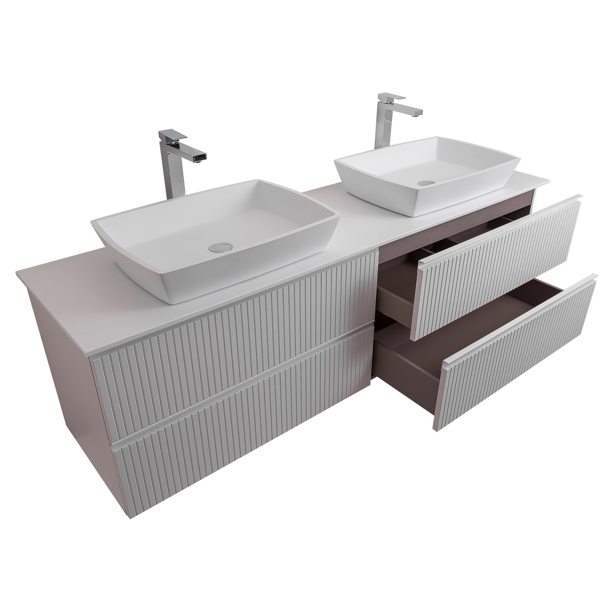 Ares 72 Matte White Cabinet, Solid Surface Flat White Counter And Two Square Solid Surface White Basin 1316, Wall Mounted Modern Vanity Set