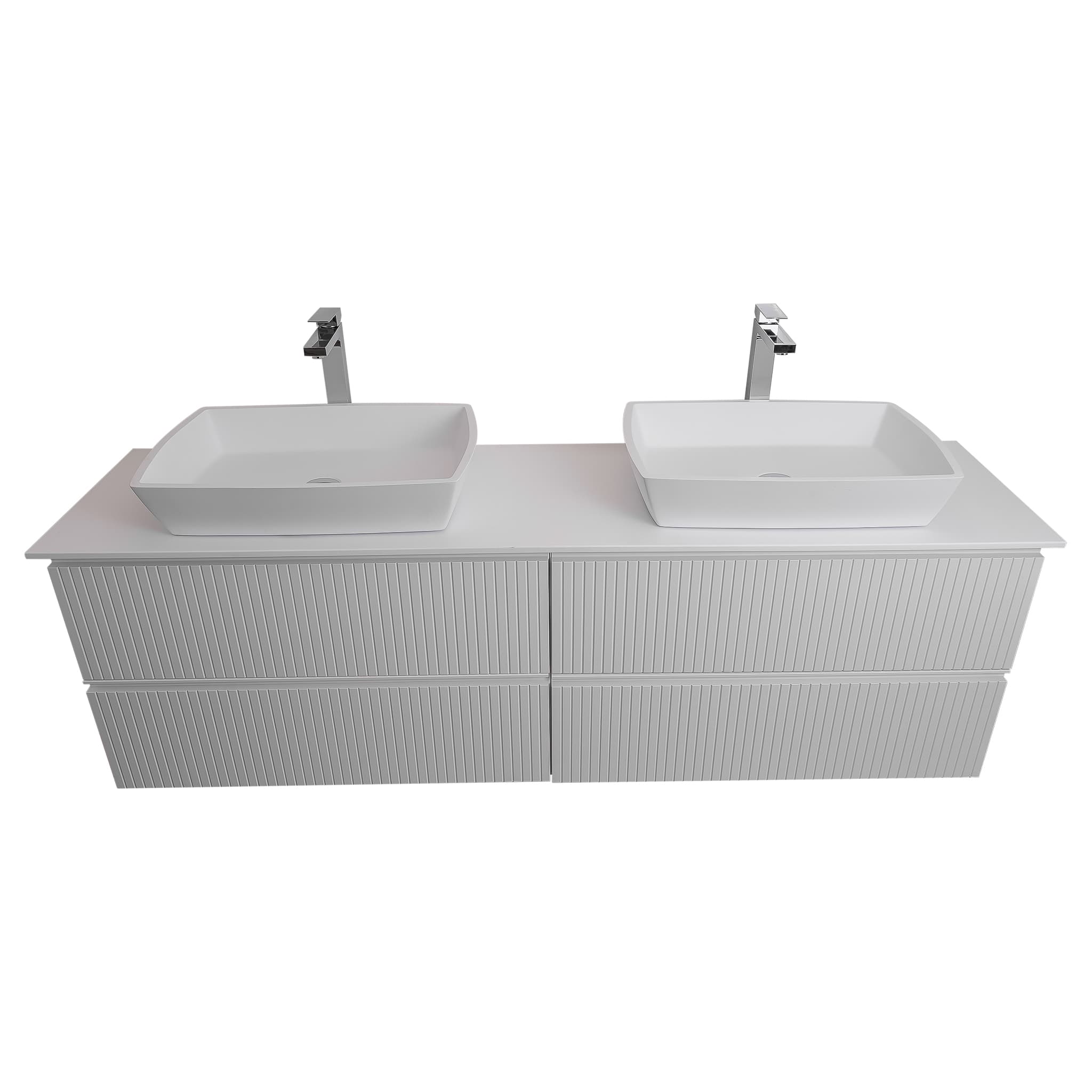 Ares 72 Matte White Cabinet, Solid Surface Flat White Counter And Two Square Solid Surface White Basin 1316, Wall Mounted Modern Vanity Set