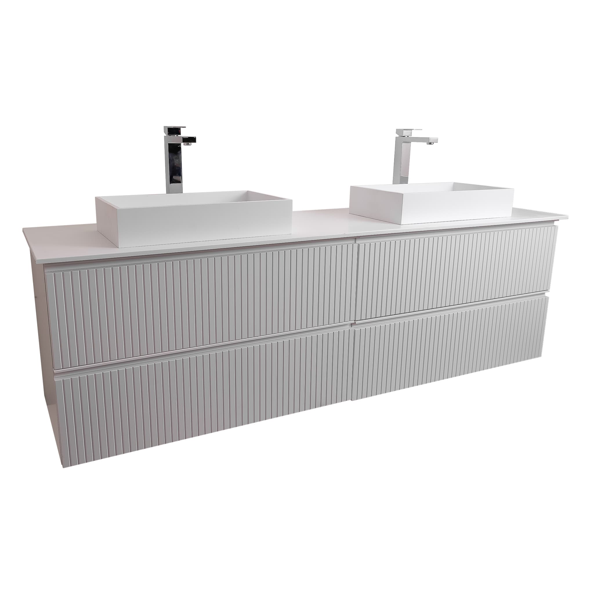 Ares 72 Matte White Cabinet, Solid Surface Flat White Counter And Two Infinity Square Solid Surface White Basin 1329, Wall Mounted Modern Vanity Set