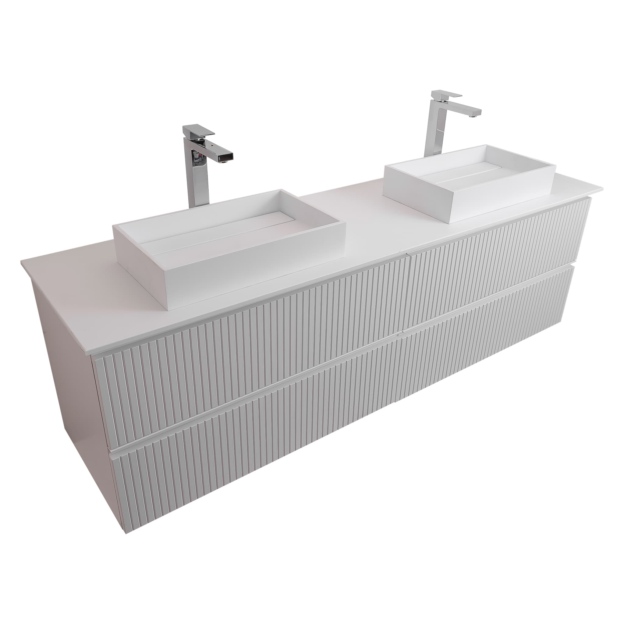 Ares 72 Matte White Cabinet, Solid Surface Flat White Counter And Two Infinity Square Solid Surface White Basin 1329, Wall Mounted Modern Vanity Set