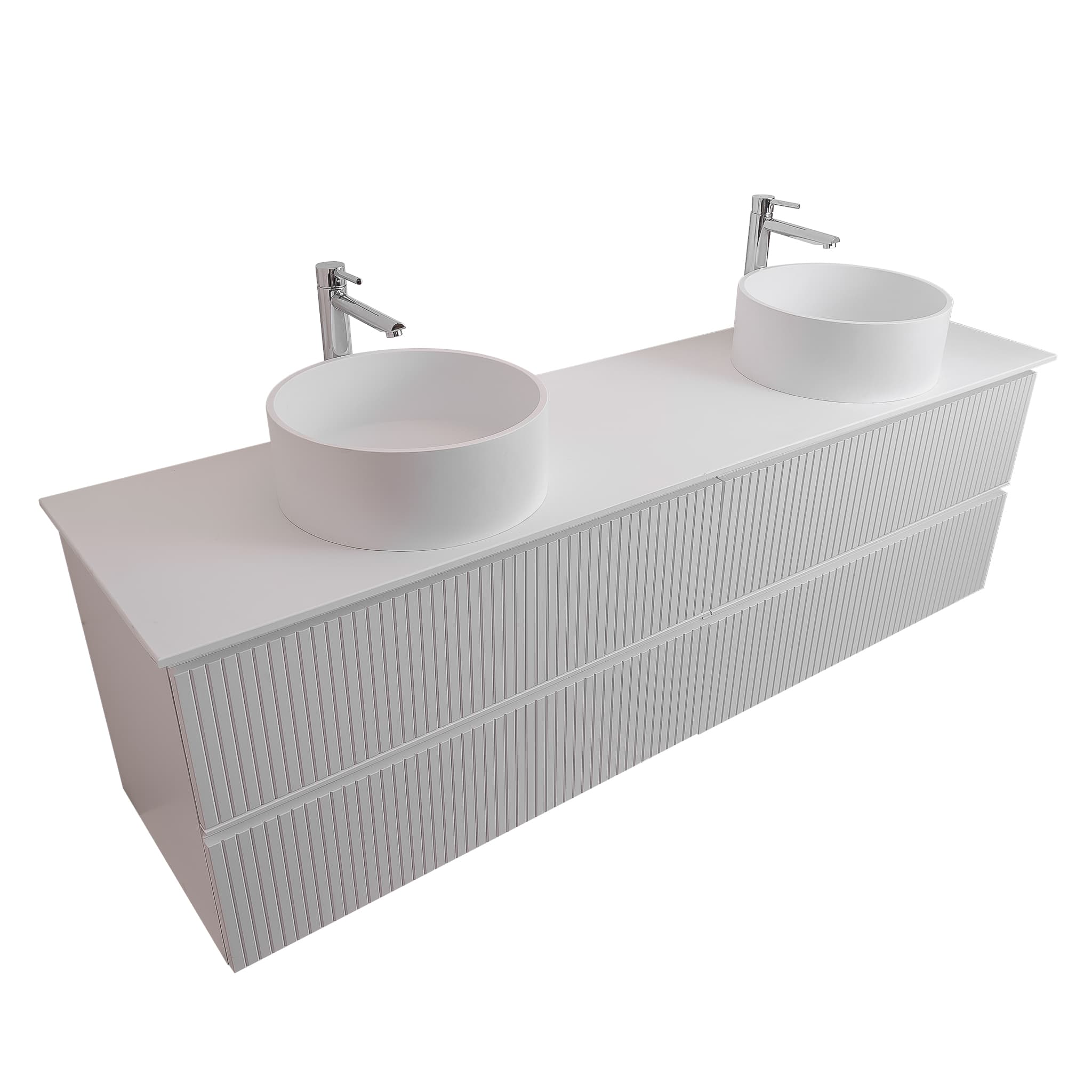 Ares 72 Matte White Cabinet, Solid Surface Flat White Counter And Two Round Solid Surface White Basin 1386, Wall Mounted Modern Vanity Set