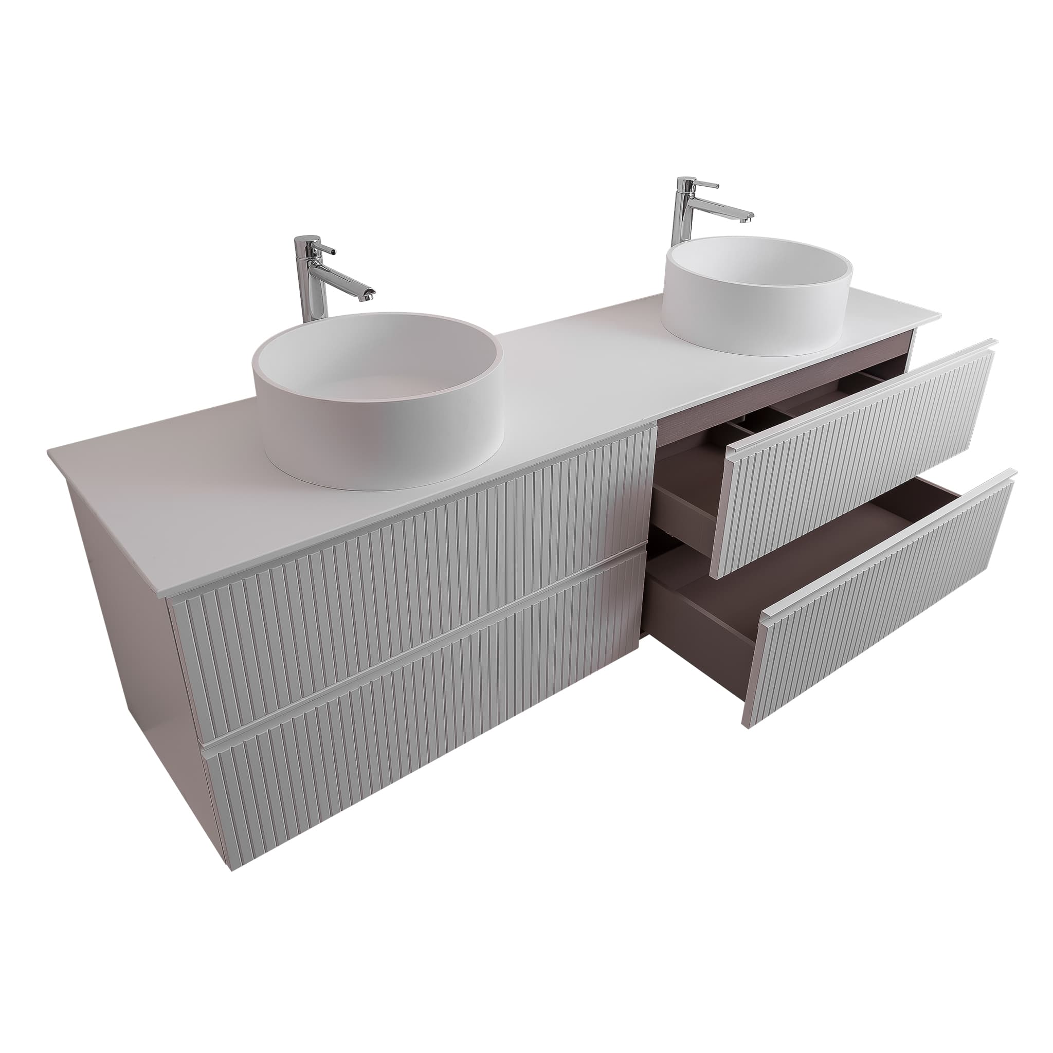 Ares 72 Matte White Cabinet, Solid Surface Flat White Counter And Two Round Solid Surface White Basin 1386, Wall Mounted Modern Vanity Set
