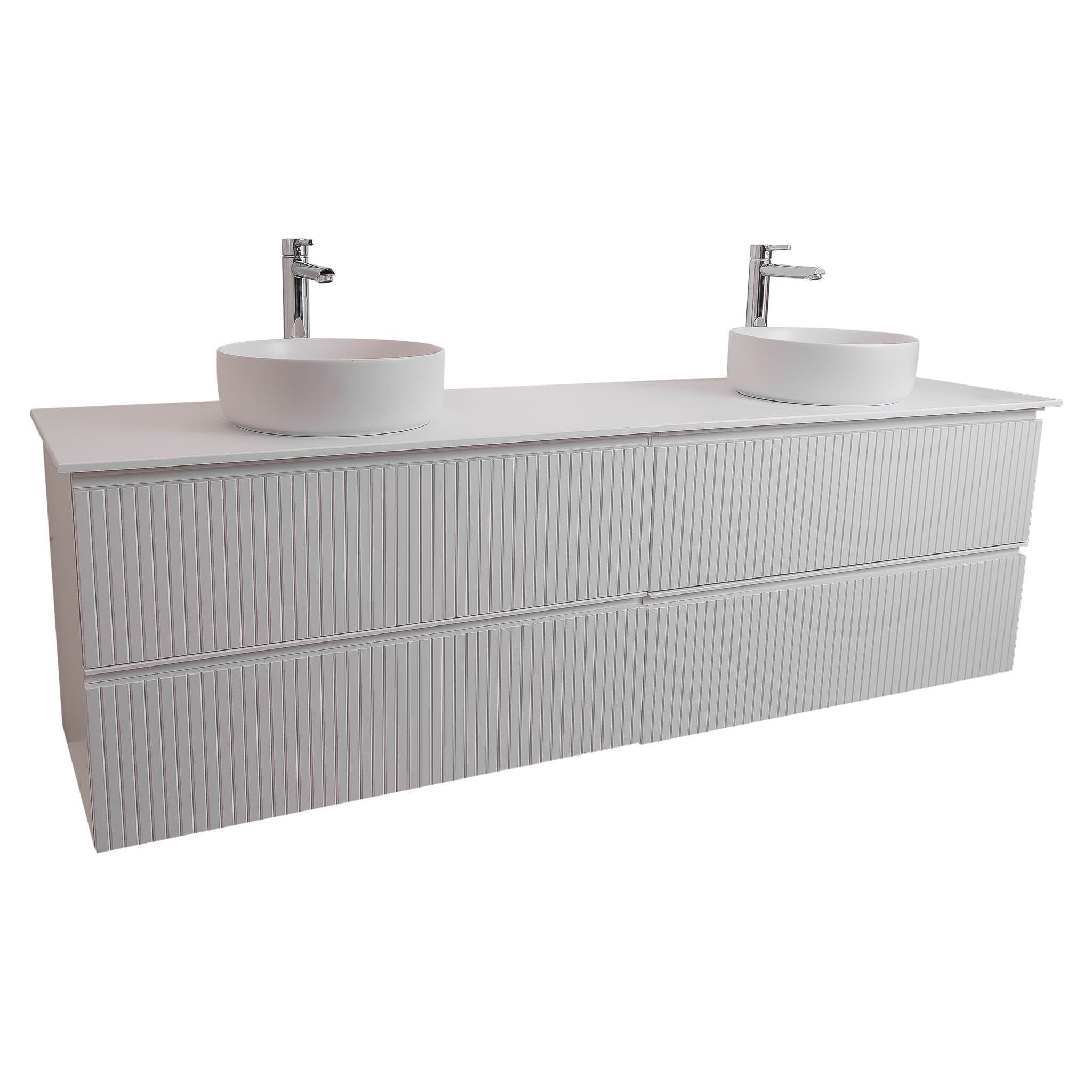 Ares 72 Matte White Cabinet, Ares White Top And Two Ares White Ceramic Basin, Wall Mounted Modern Vanity Set