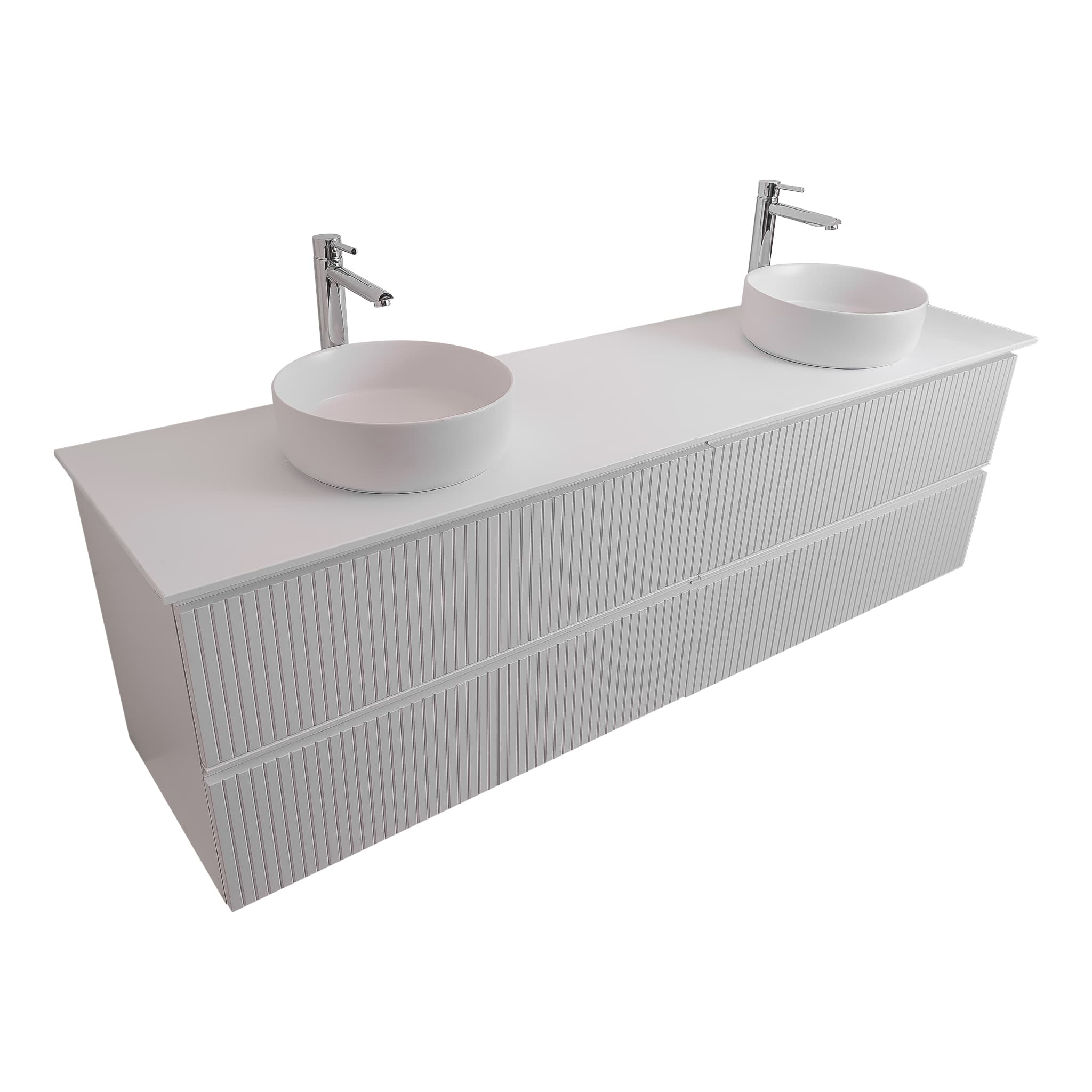 Ares 72 Matte White Cabinet, Ares White Top And Two Ares White Ceramic Basin, Wall Mounted Modern Vanity Set