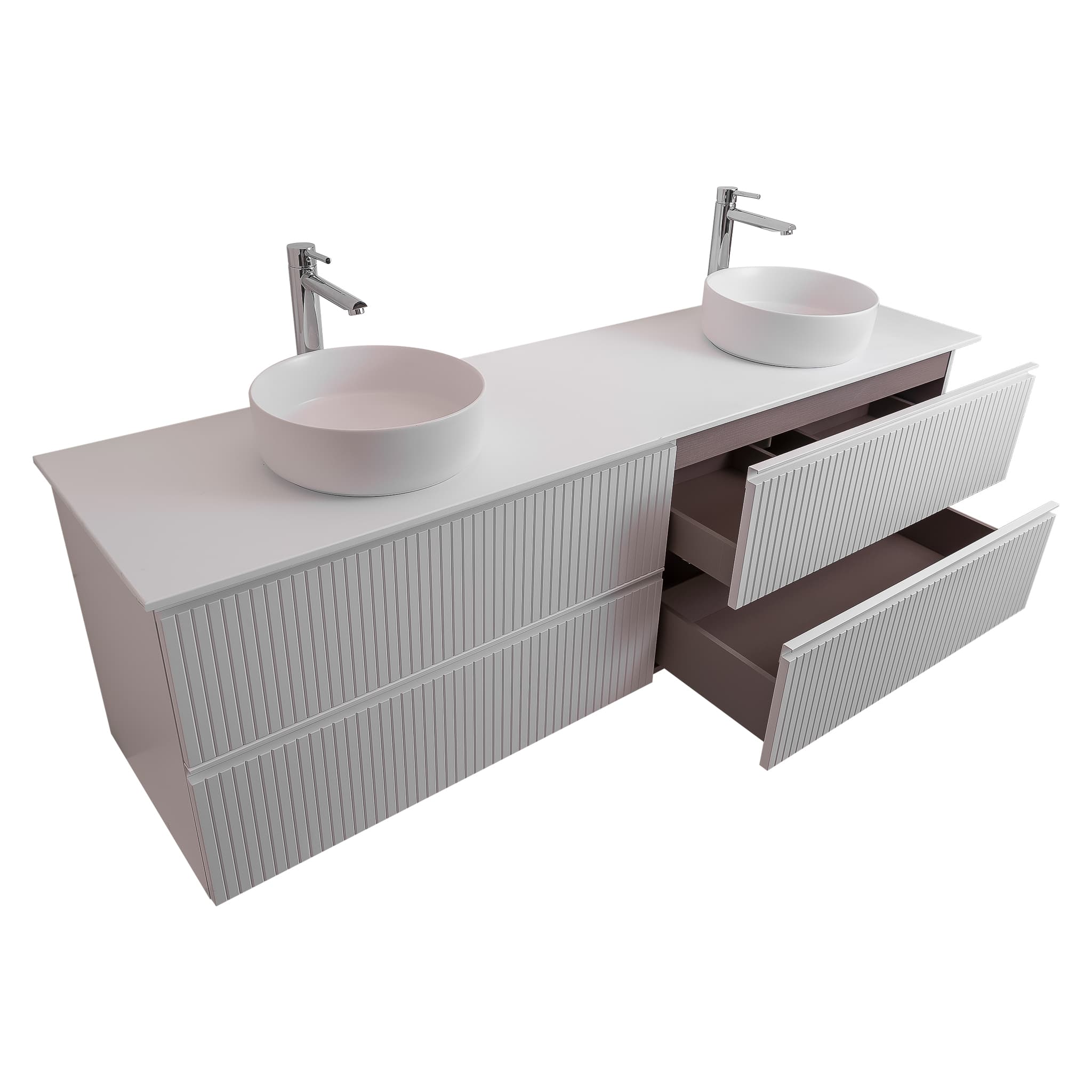 Ares 72 Matte White Cabinet, Ares White Top And Two Ares White Ceramic Basin, Wall Mounted Modern Vanity Set