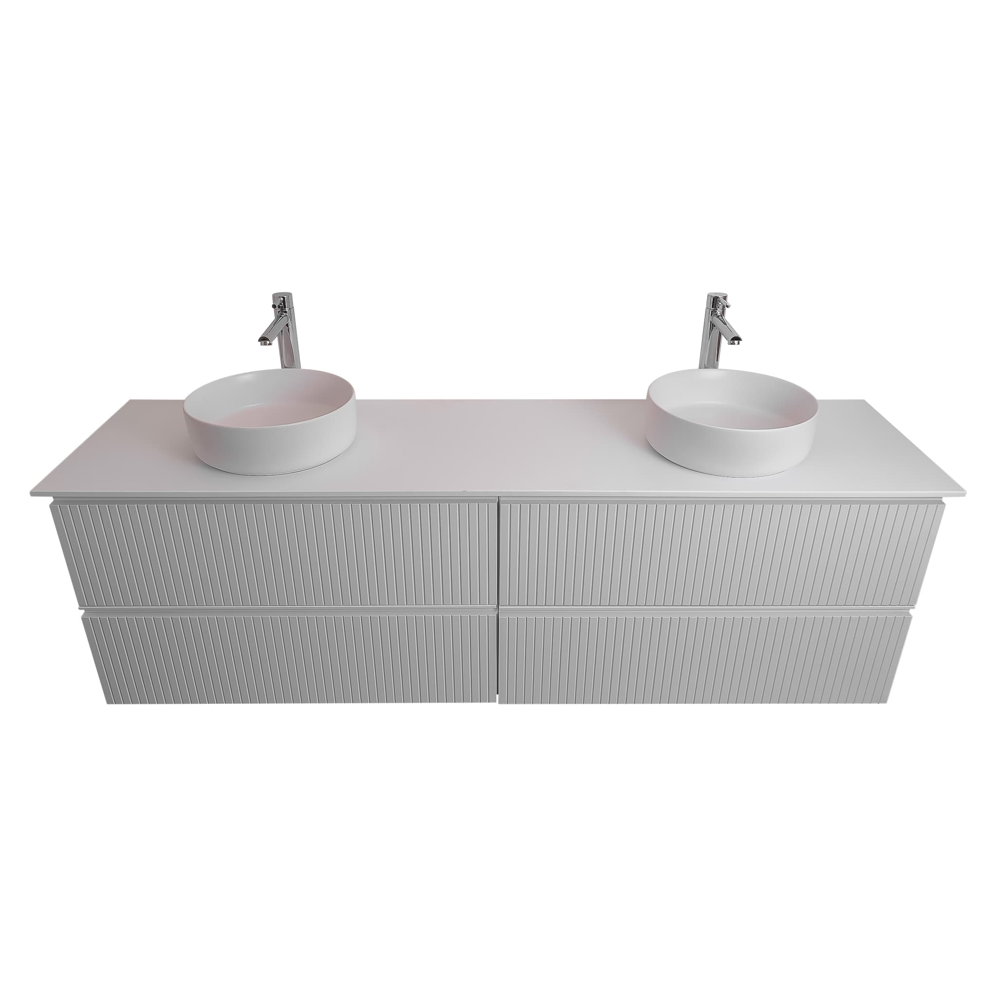 Ares 72 Matte White Cabinet, Ares White Top And Two Ares White Ceramic Basin, Wall Mounted Modern Vanity Set