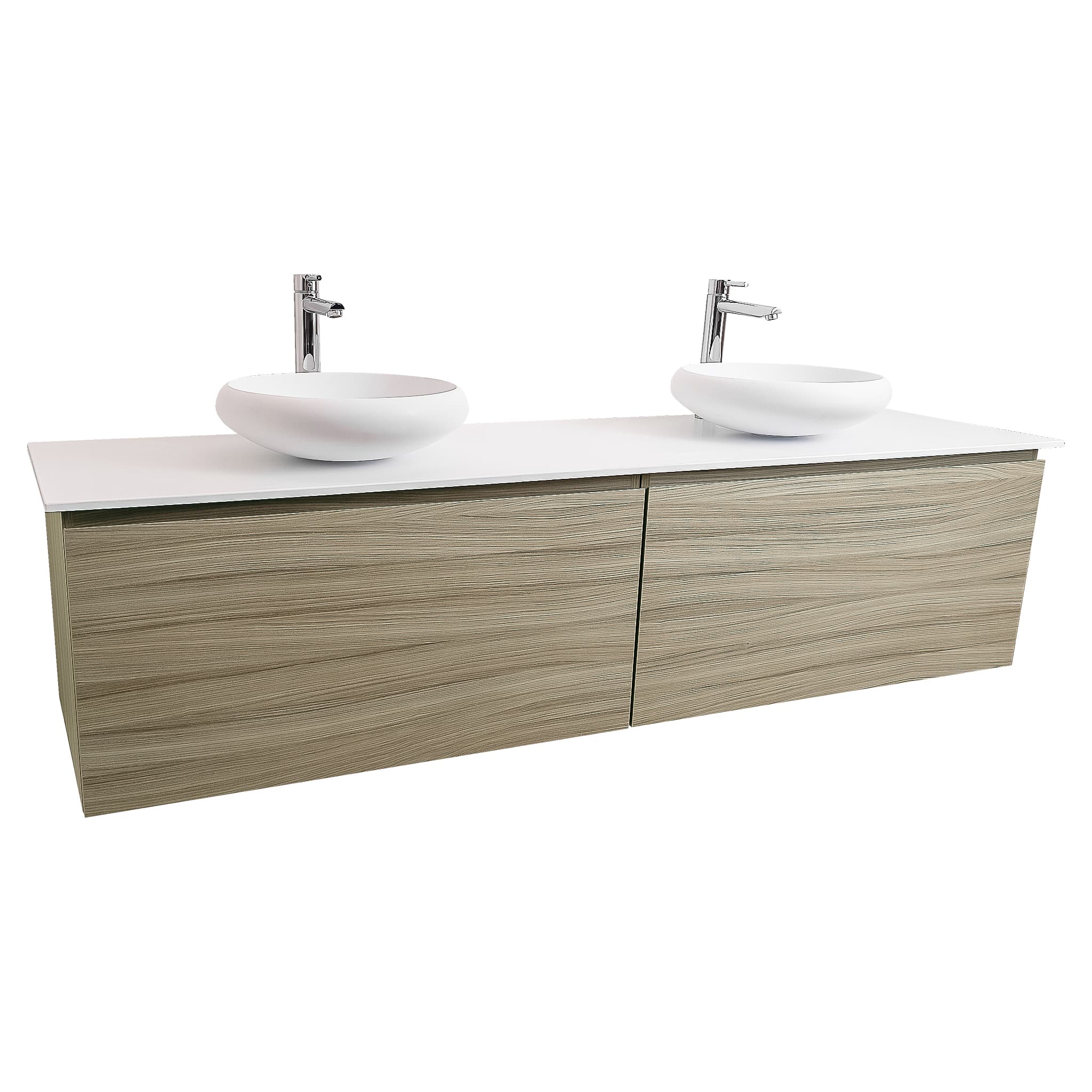 Venice 72 Nilo Grey Wood Texture Cabinet, Solid Surface Flat White Counter And Two Round Solid Surface White Basin 1153, Wall Mounted Modern Vanity Set