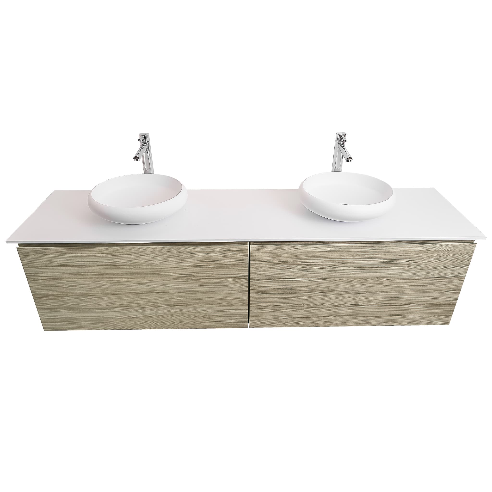 Venice 72 Nilo Grey Wood Texture Cabinet, Solid Surface Flat White Counter And Two Round Solid Surface White Basin 1153, Wall Mounted Modern Vanity Set
