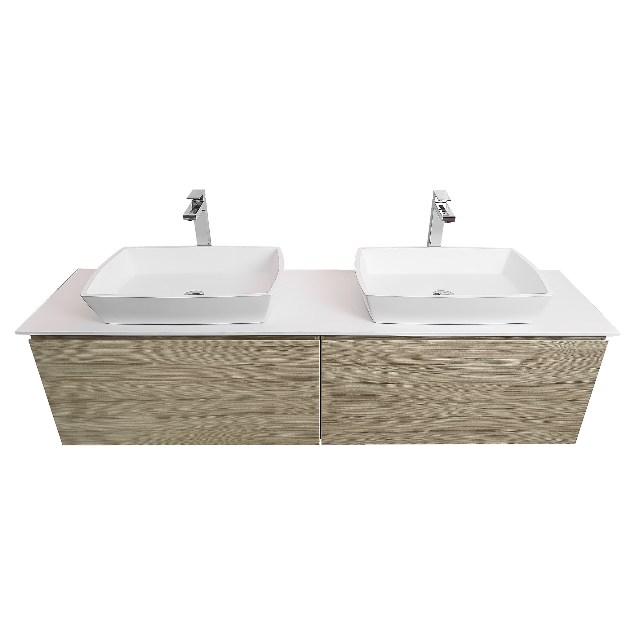 Venice 72 Nilo Grey Wood Texture Cabinet, Solid Surface Flat White Counter And Two Square Solid Surface White Basin 1316, Wall Mounted Modern Vanity Set