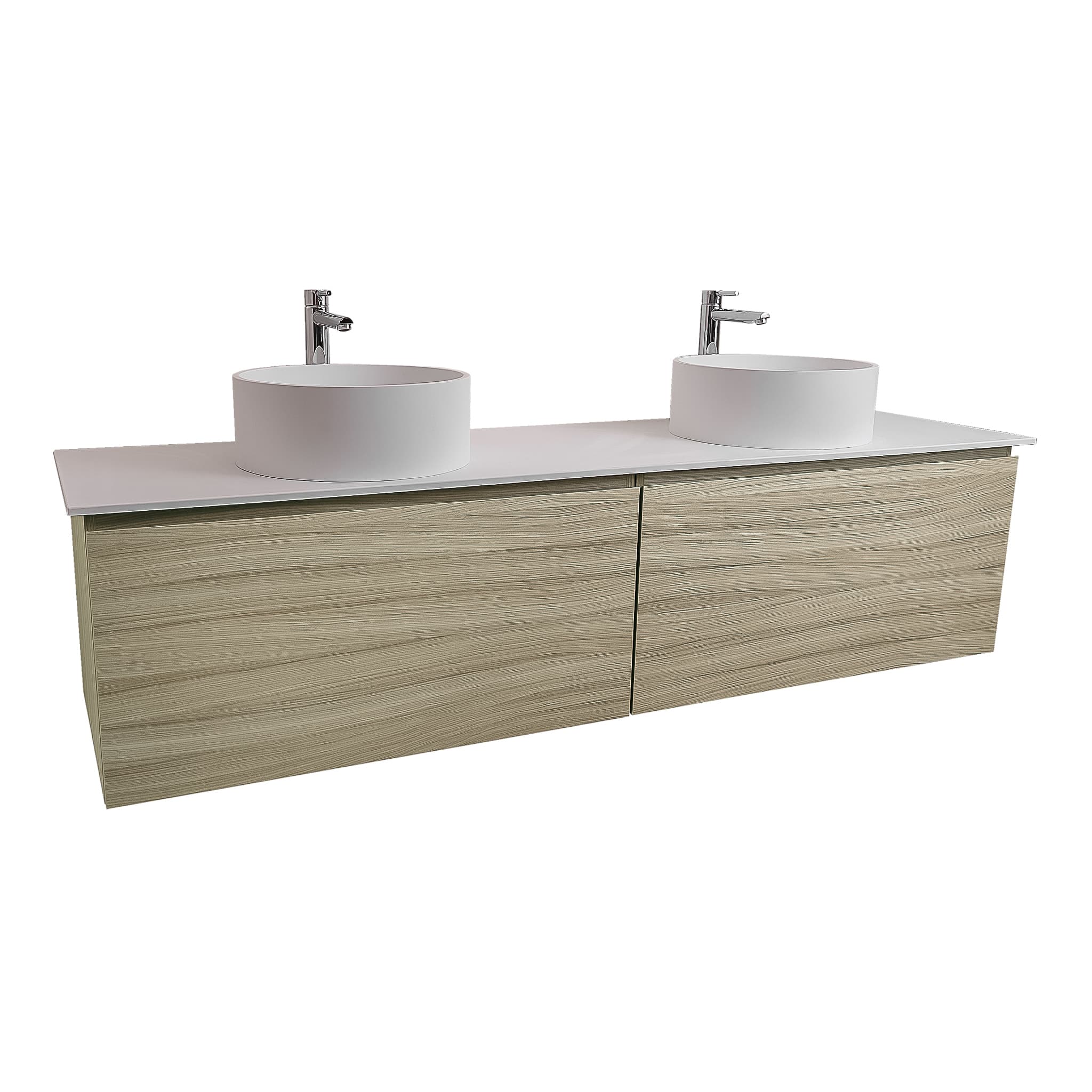 Venice 72 Nilo Grey Wood Texture Cabinet, Solid Surface Flat White Counter And Two Round Solid Surface White Basin 1386, Wall Mounted Modern Vanity Set