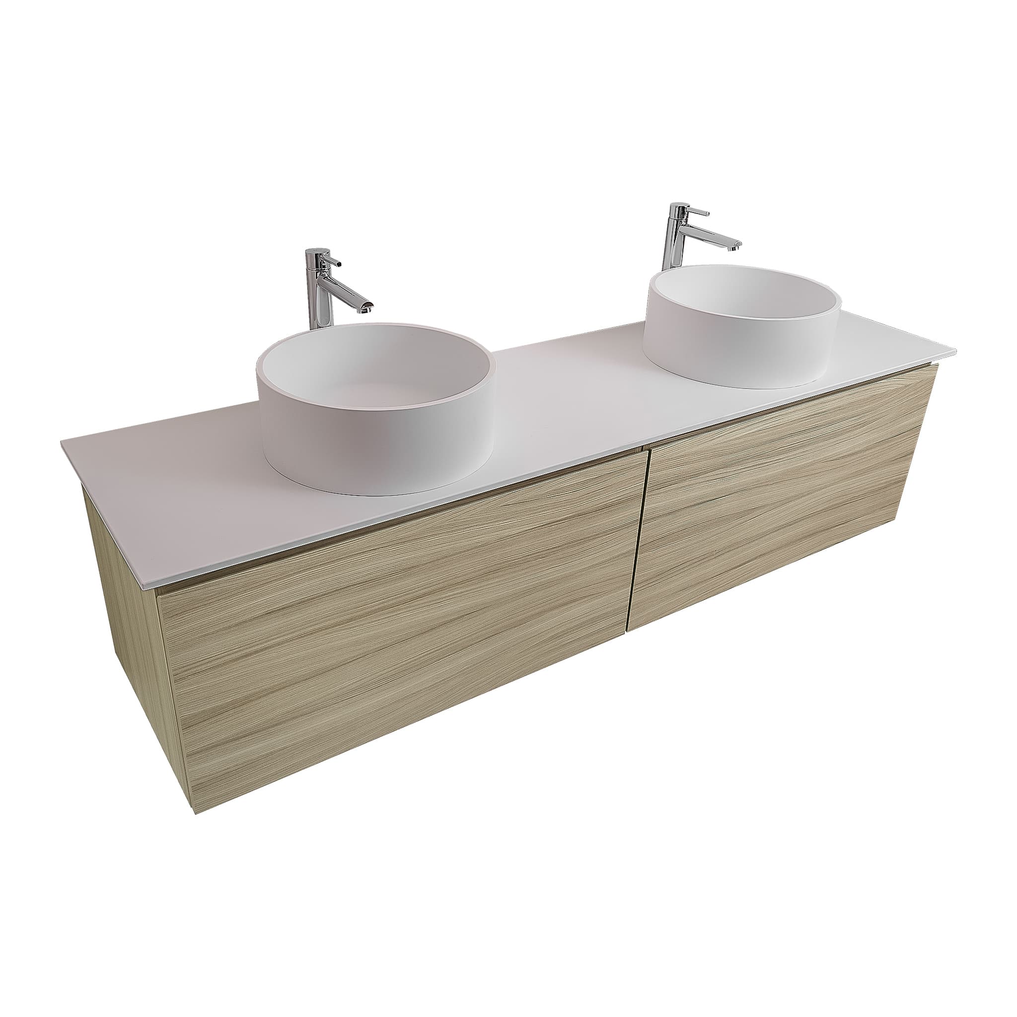 Venice 72 Nilo Grey Wood Texture Cabinet, Solid Surface Flat White Counter And Two Round Solid Surface White Basin 1386, Wall Mounted Modern Vanity Set