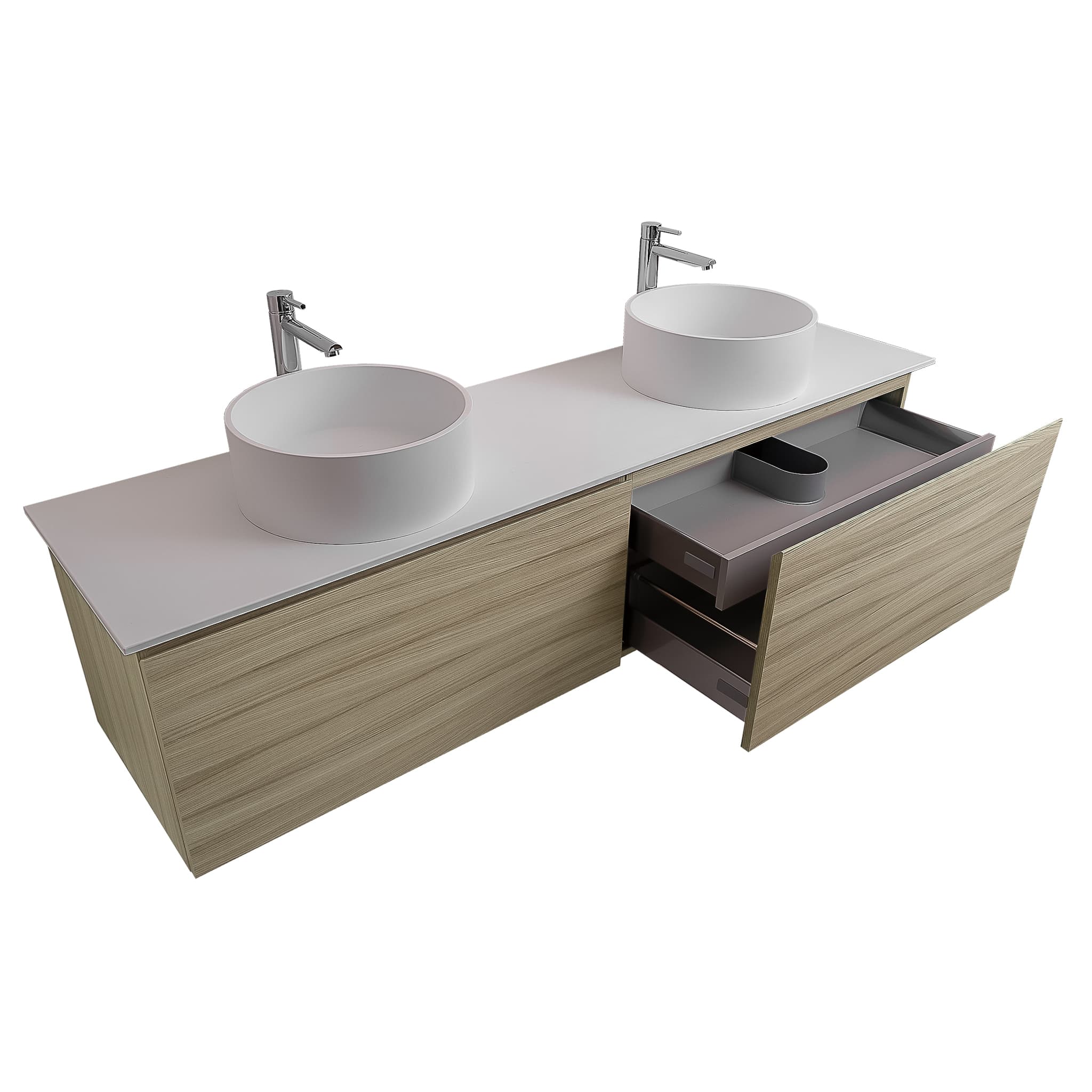 Venice 72 Nilo Grey Wood Texture Cabinet, Solid Surface Flat White Counter And Two Round Solid Surface White Basin 1386, Wall Mounted Modern Vanity Set