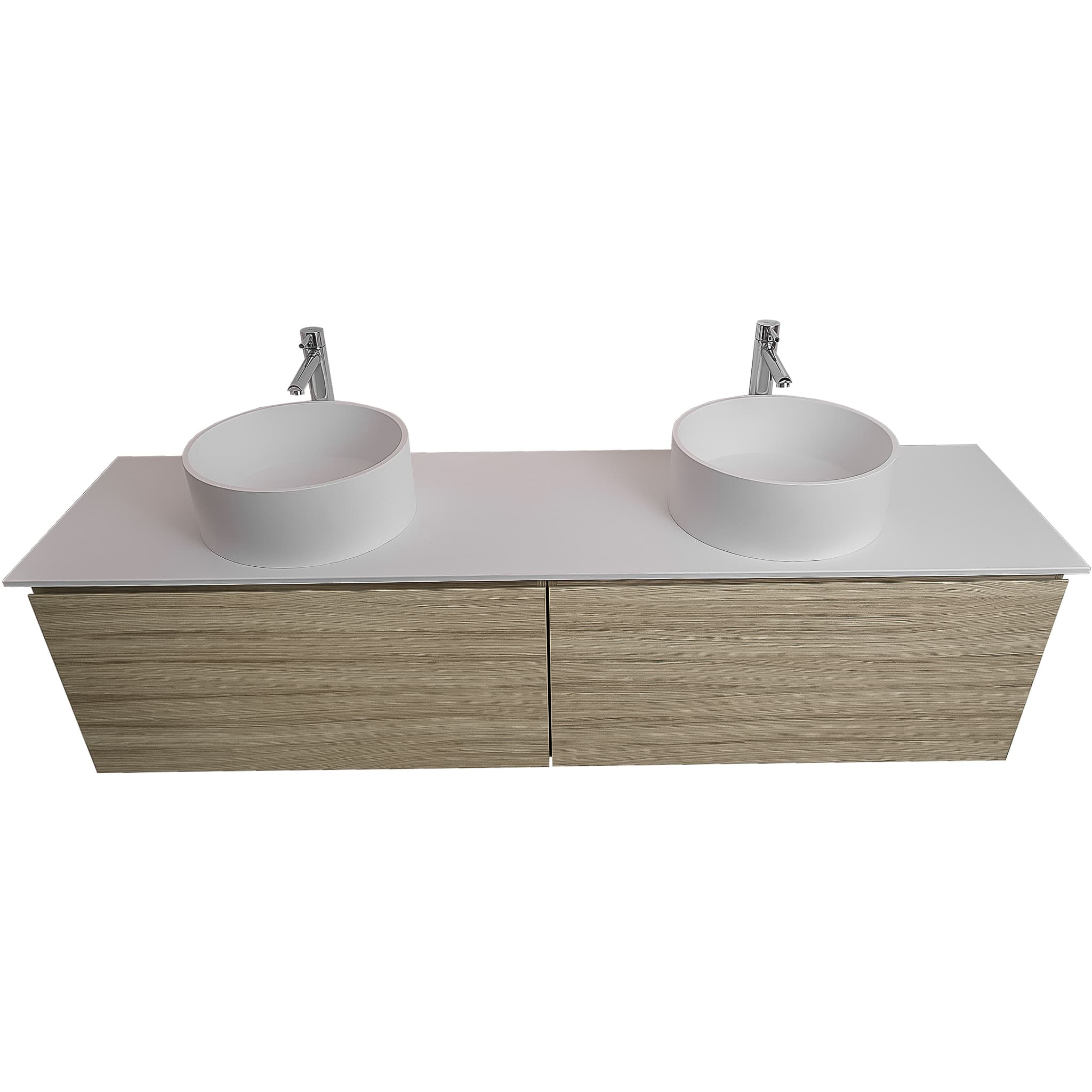 Venice 72 Nilo Grey Wood Texture Cabinet, Solid Surface Flat White Counter And Two Round Solid Surface White Basin 1386, Wall Mounted Modern Vanity Set