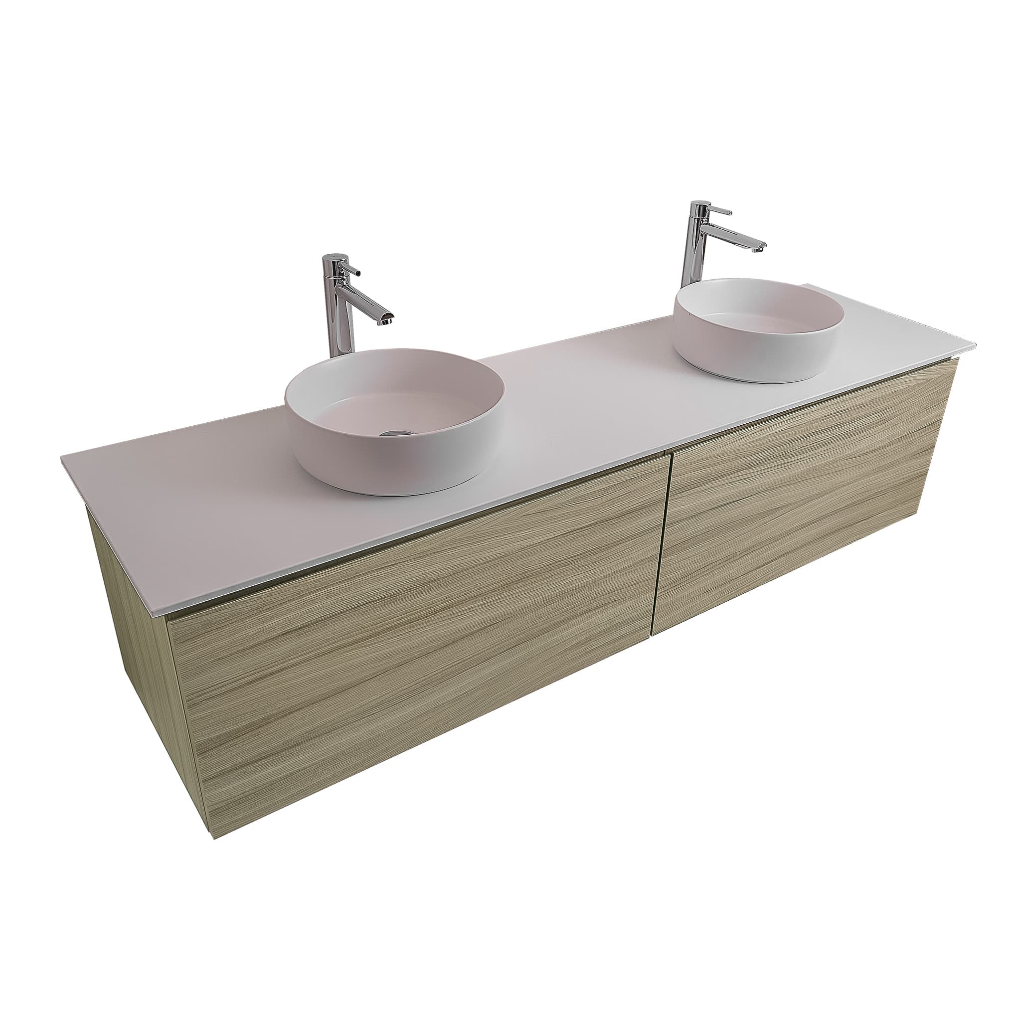 Venice 72 Nilo Grey Wood Texture Cabinet, Ares White Top And Two Ares White Ceramic Basin, Wall Mounted Modern Vanity Set