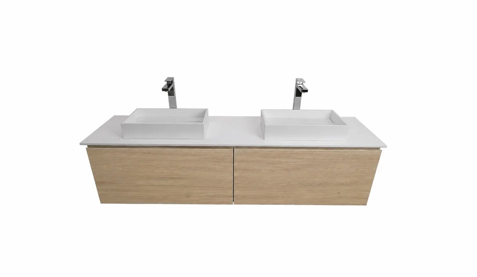 Venice 72 Oak Wood Texture Cabinet, Solid Surface Flat White Counter And Two Two Infinity Square Solid Surface White Basin 1329, Wall Mounted Modern Vanity Set 