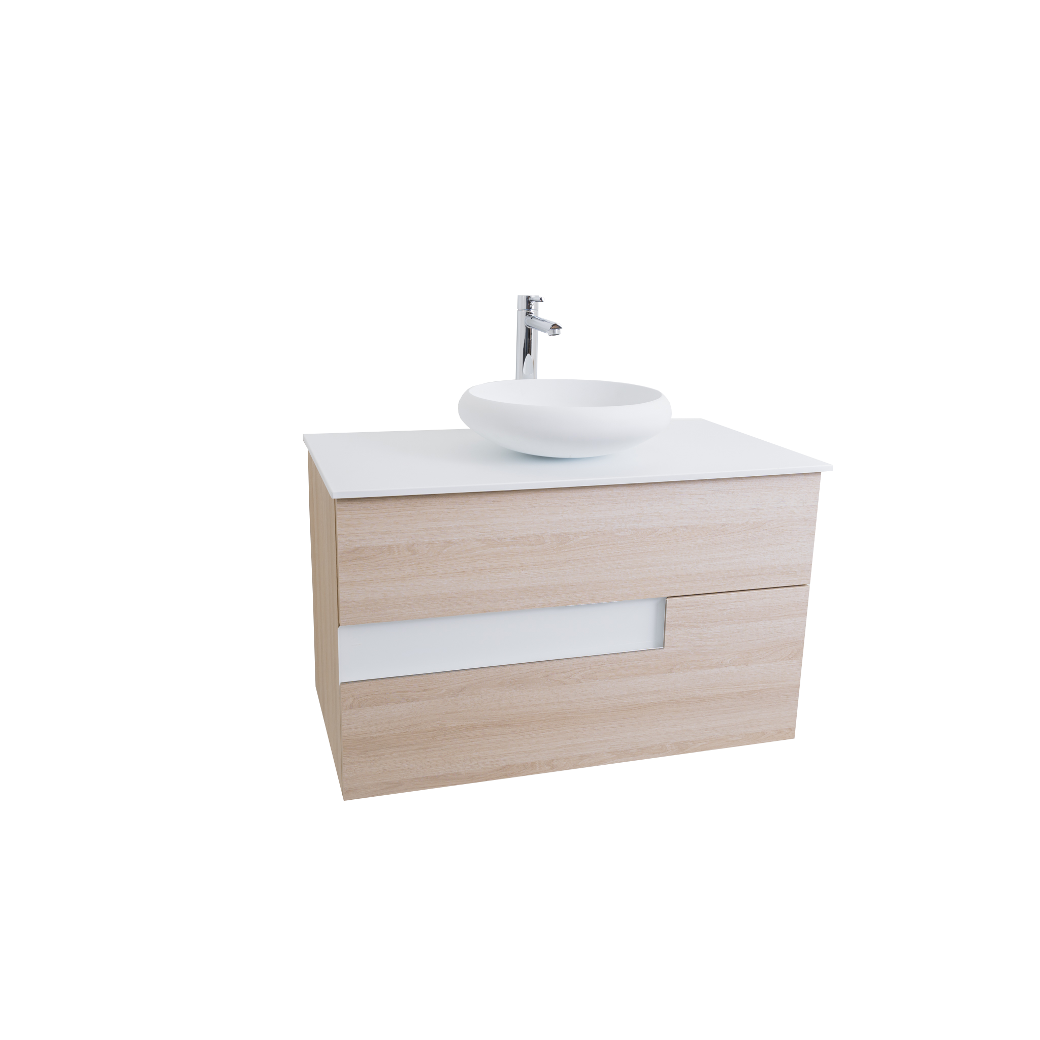 Vision 35.5 Natural Light Wood Cabinet, Solid Surface Flat White Counter And Round Solid Surface White Basin 1153, Wall Mounted Modern Vanity Set