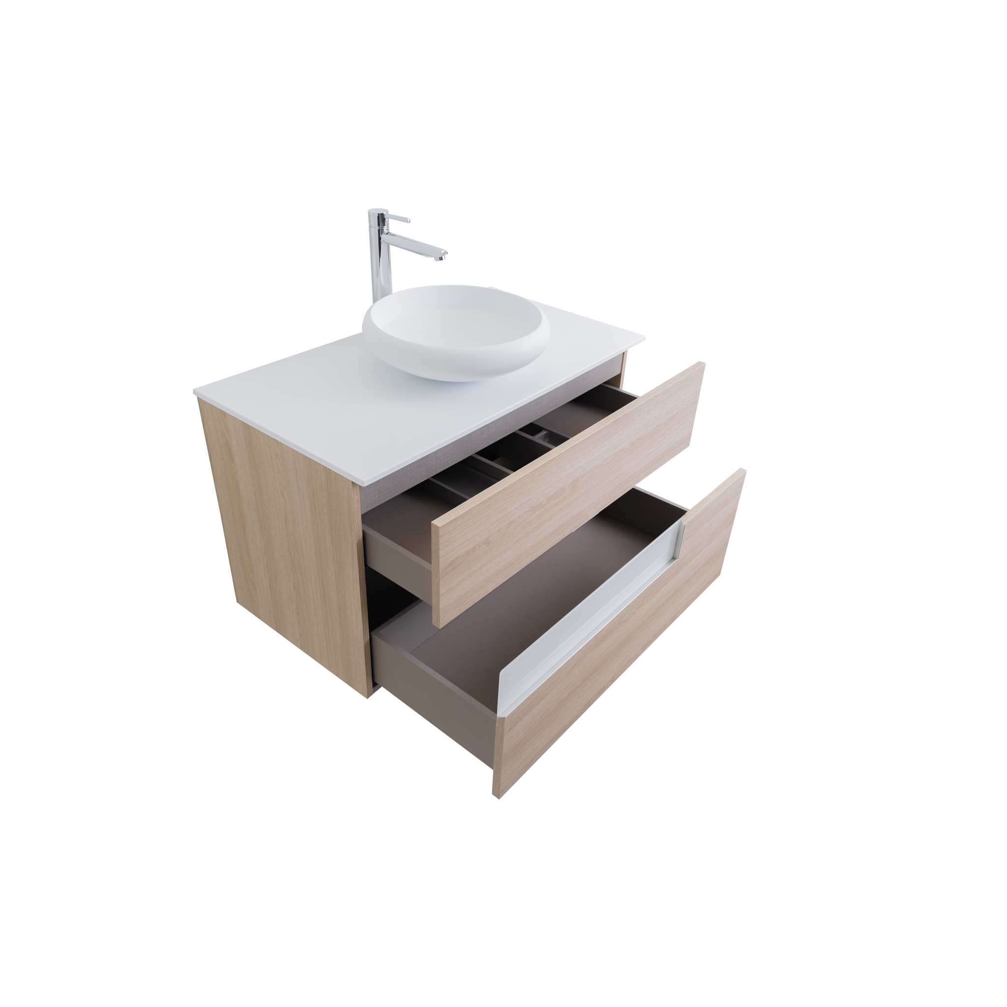 Vision 35.5 Natural Light Wood Cabinet, Solid Surface Flat White Counter And Round Solid Surface White Basin 1153, Wall Mounted Modern Vanity Set
