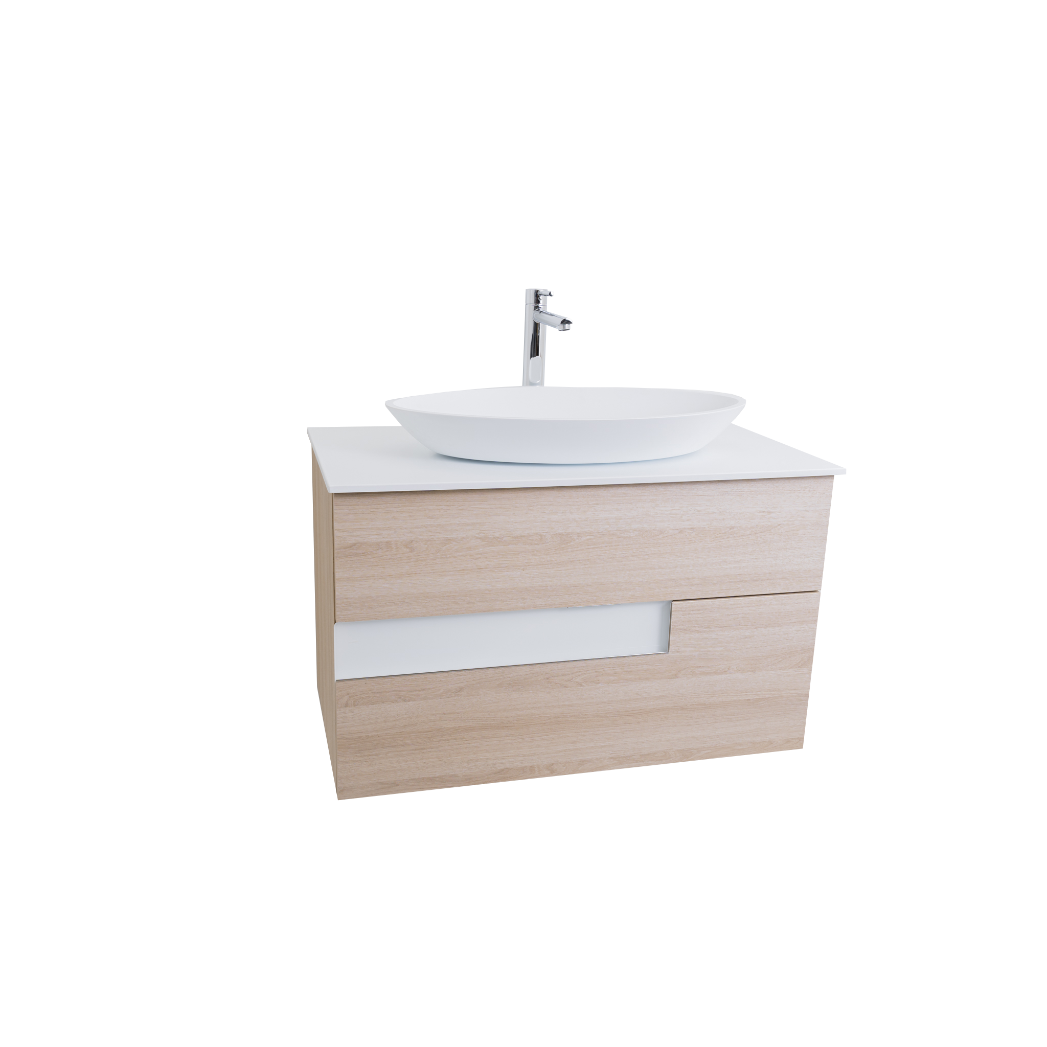 Vision 35.5 Natural Light Wood Cabinet, Solid Surface Flat White Counter And Oval Solid Surface White Basin 1305, Wall Mounted Modern Vanity Set