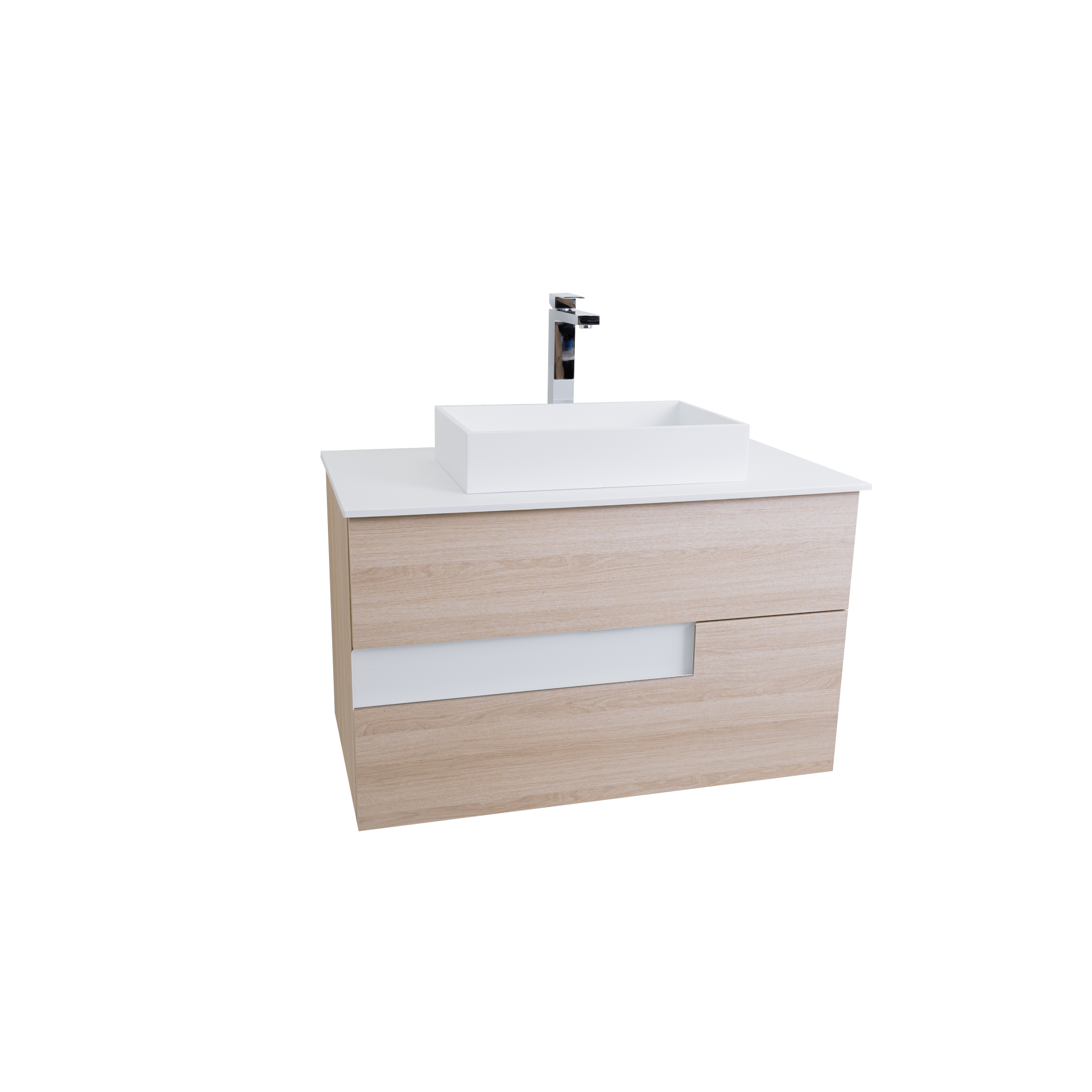 Vision 35.5 Natural Light Wood Cabinet, Solid Surface Flat White Counter And Infinity Square Solid Surface White Basin 1329, Wall Mounted Modern Vanity Set