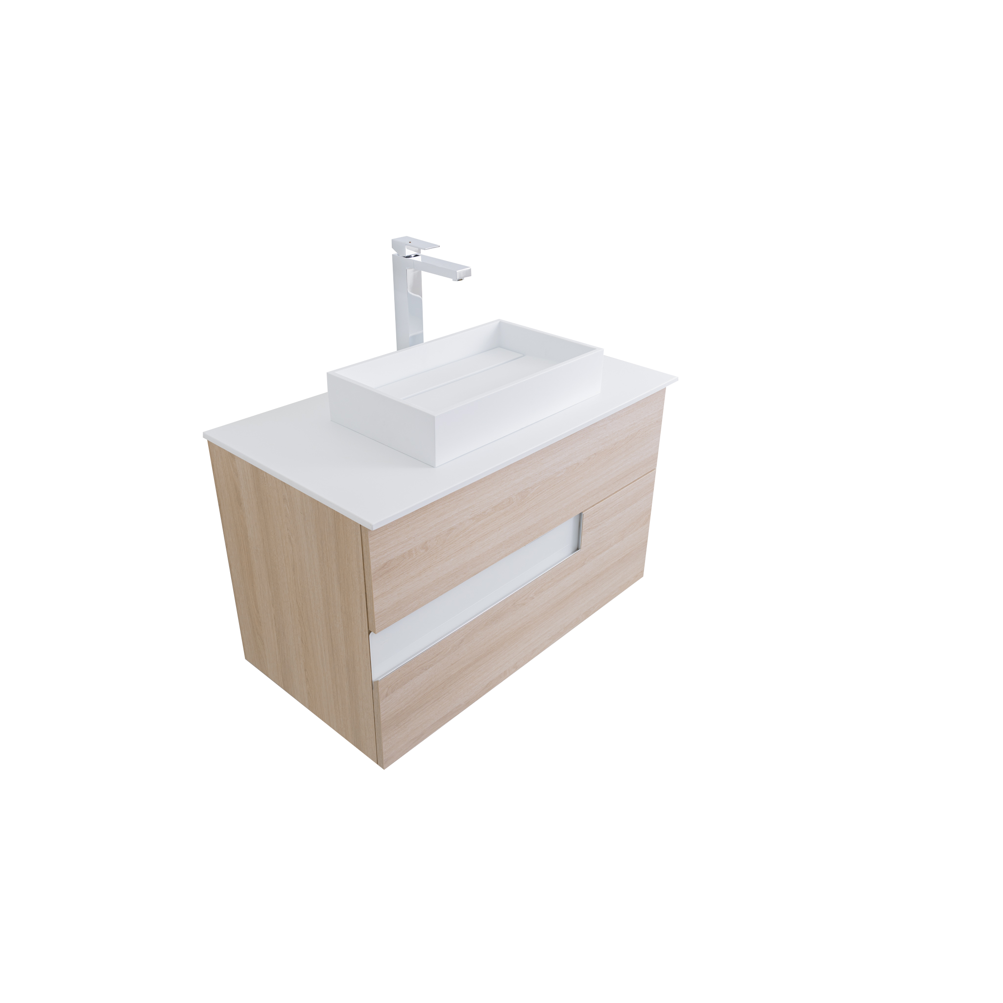 Vision 35.5 Natural Light Wood Cabinet, Solid Surface Flat White Counter And Infinity Square Solid Surface White Basin 1329, Wall Mounted Modern Vanity Set